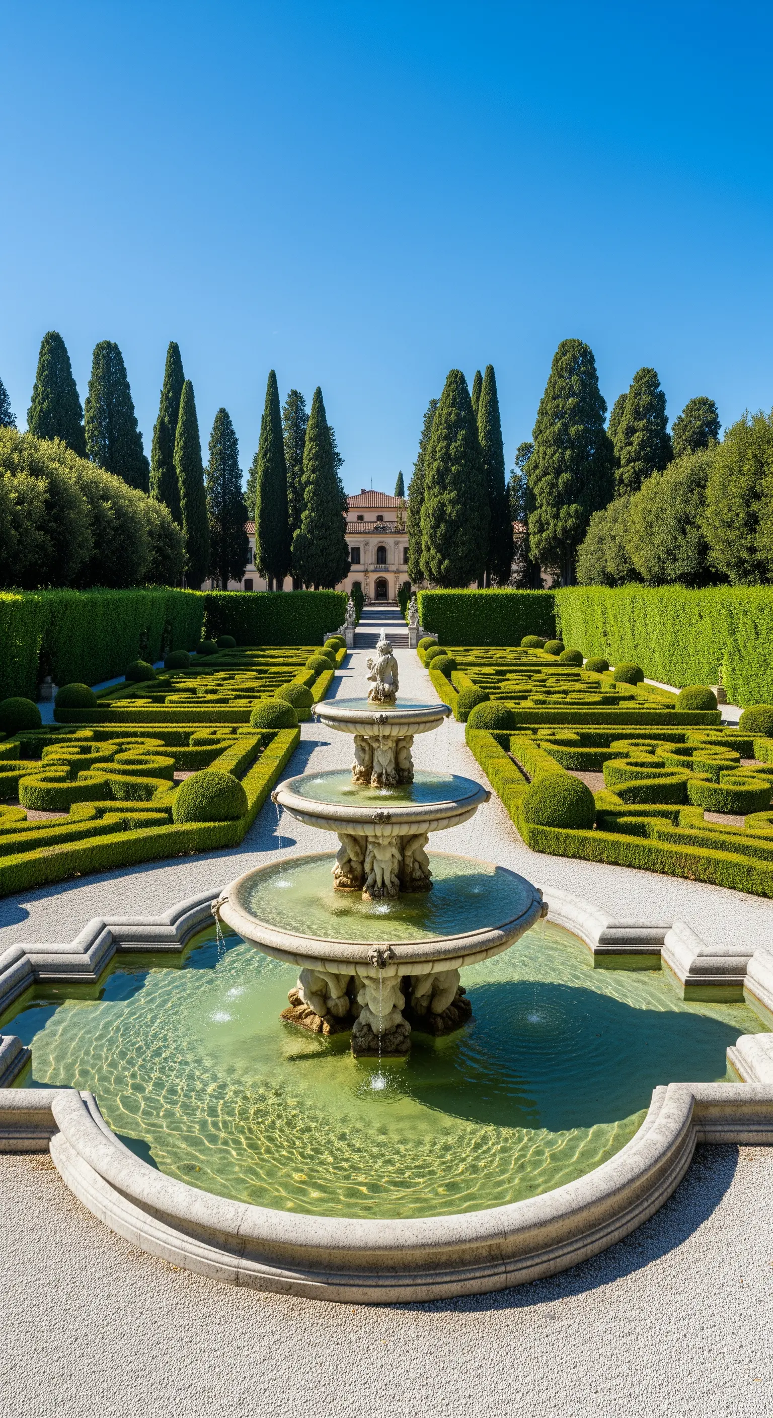 Giardino all'italiana con fontana centrale a tre livelli, siepi geometriche e cipressi sullo sfondo