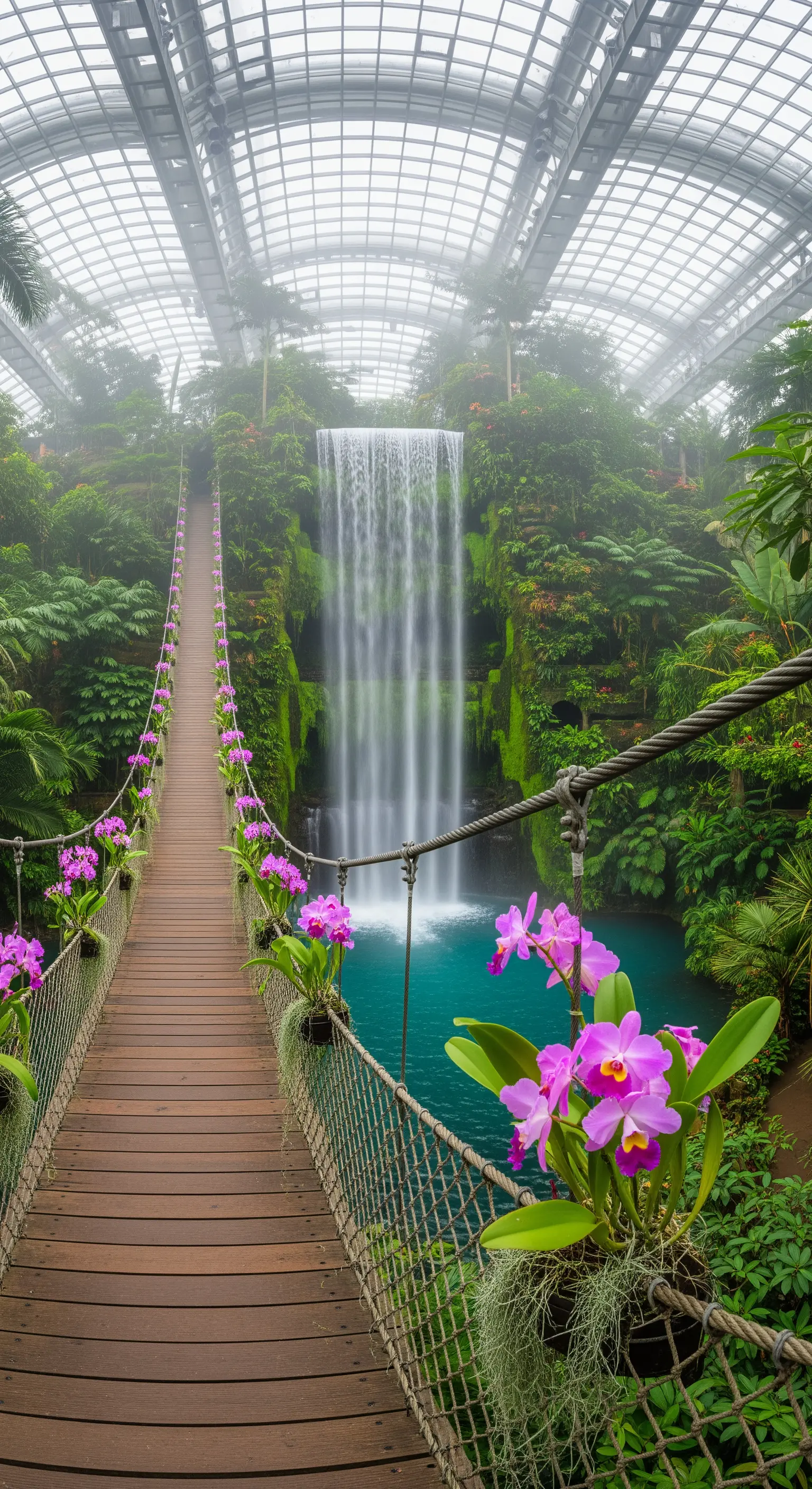 Ponte sospeso in legno con orchidee fucsia sopra un laghetto con cascata in una grande serra.