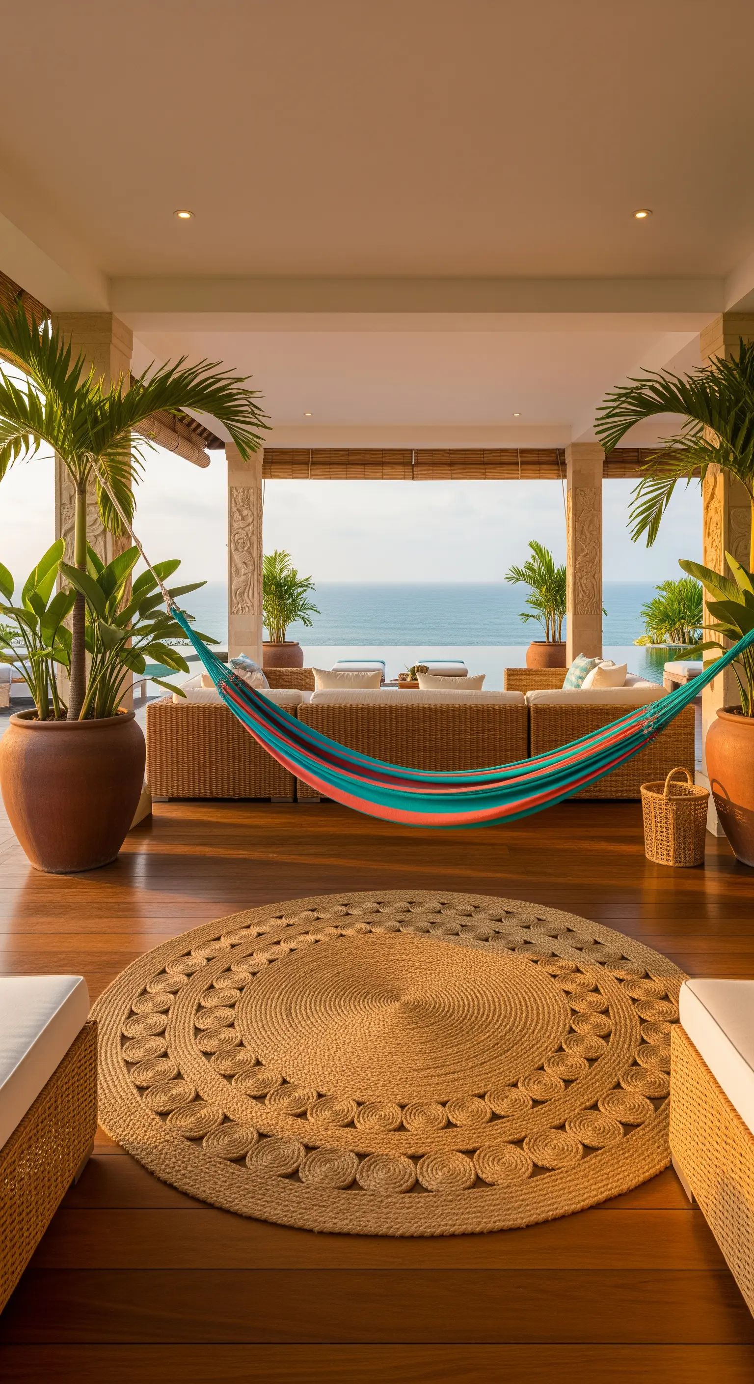 Amaca colorata su una veranda tropicale con vista sull'oceano e palme in vaso.