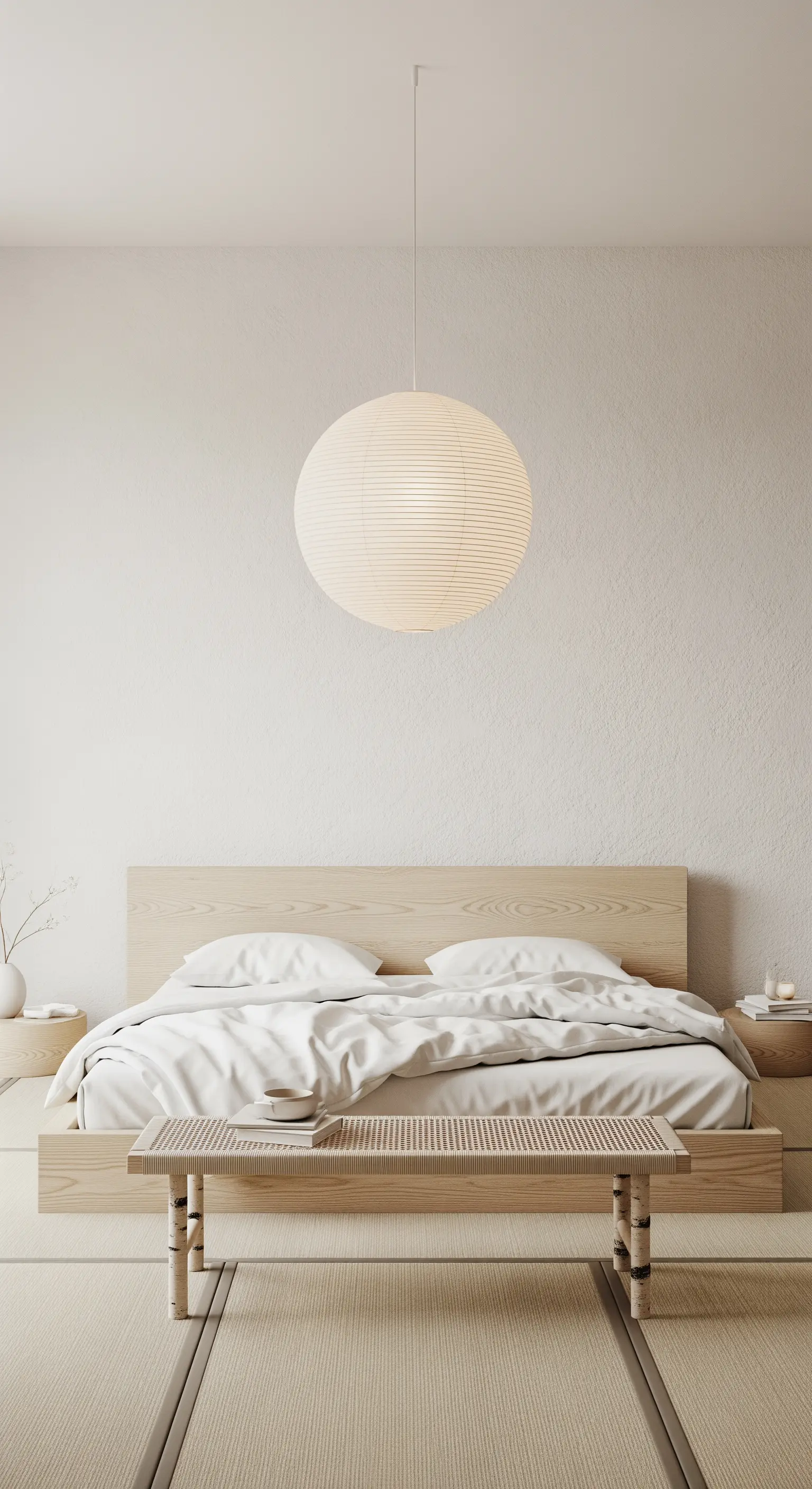 Lanterna sferica in carta di riso sospesa sopra un letto in stile giapponese.