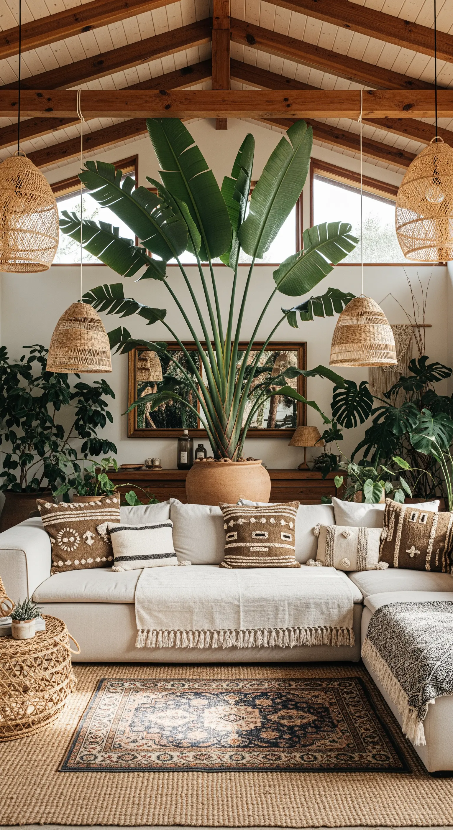 Soggiorno boho-chic con soffitto a travi e una grande Strelitzia dietro un divano bianco.
