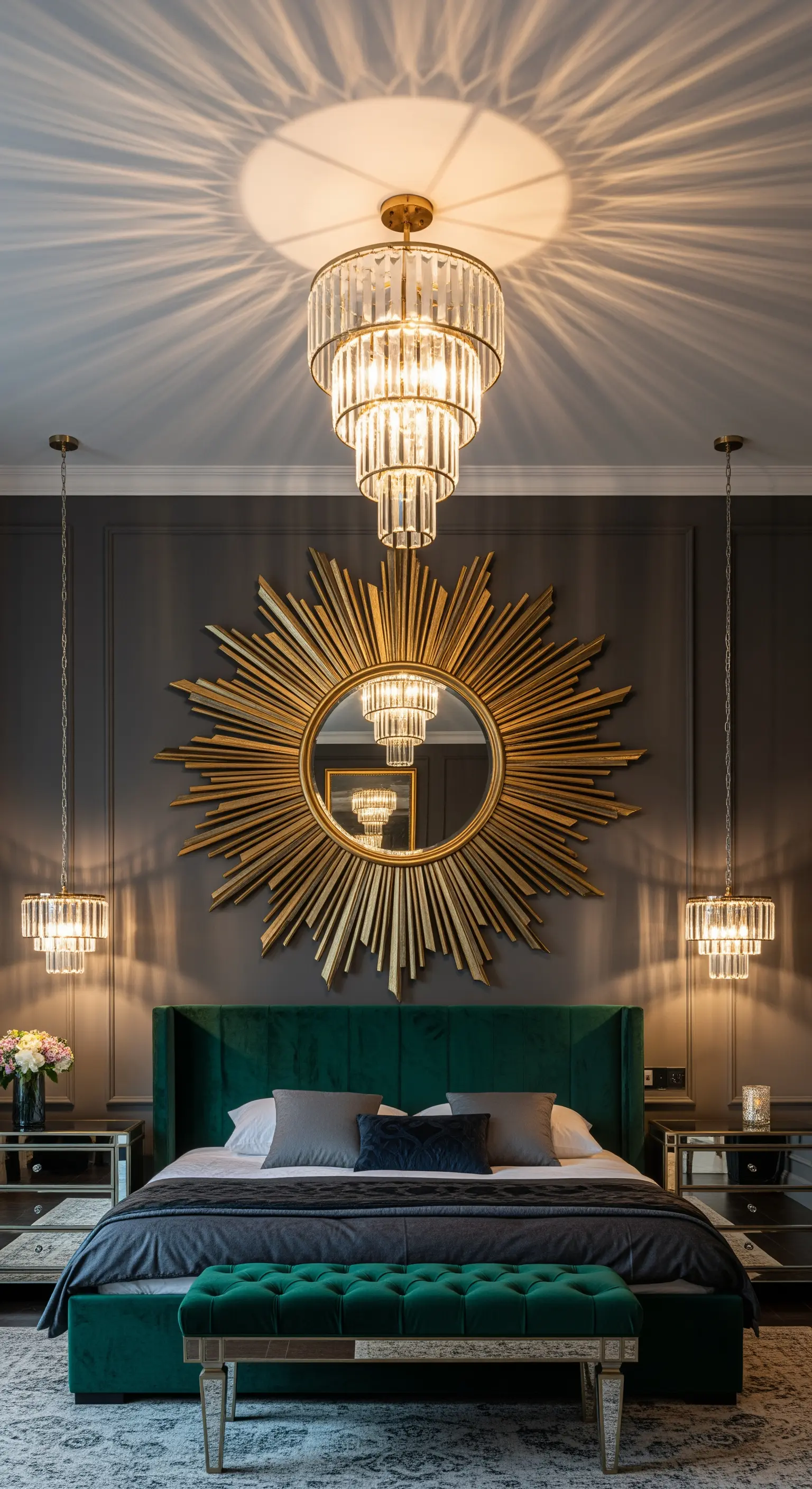 Grande specchio dorato a raggiera sopra un letto di velluto verde.