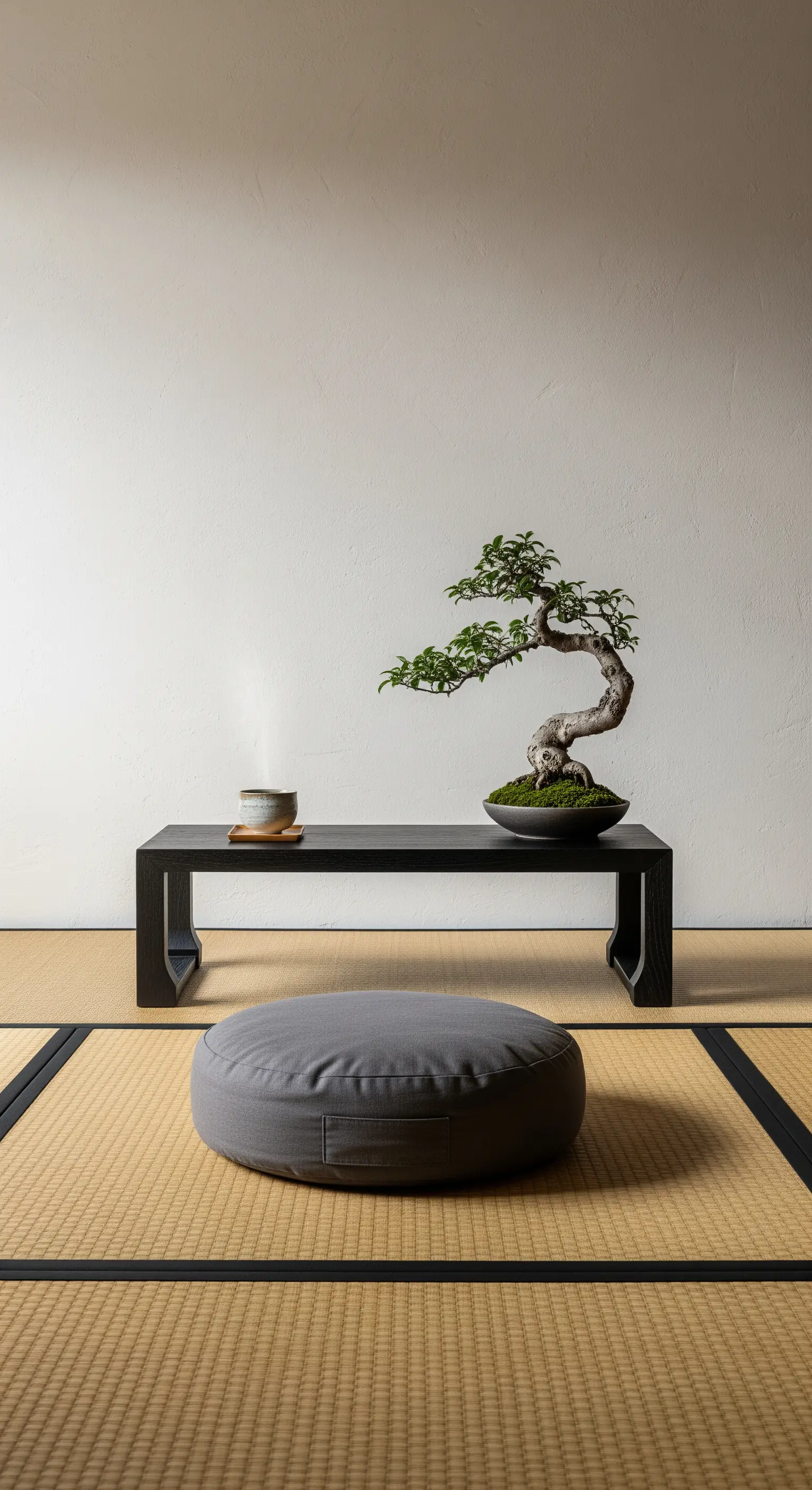 Un tavolino basso nero con un bonsai su un pavimento in tatami e un cuscino grigio in primo piano.
