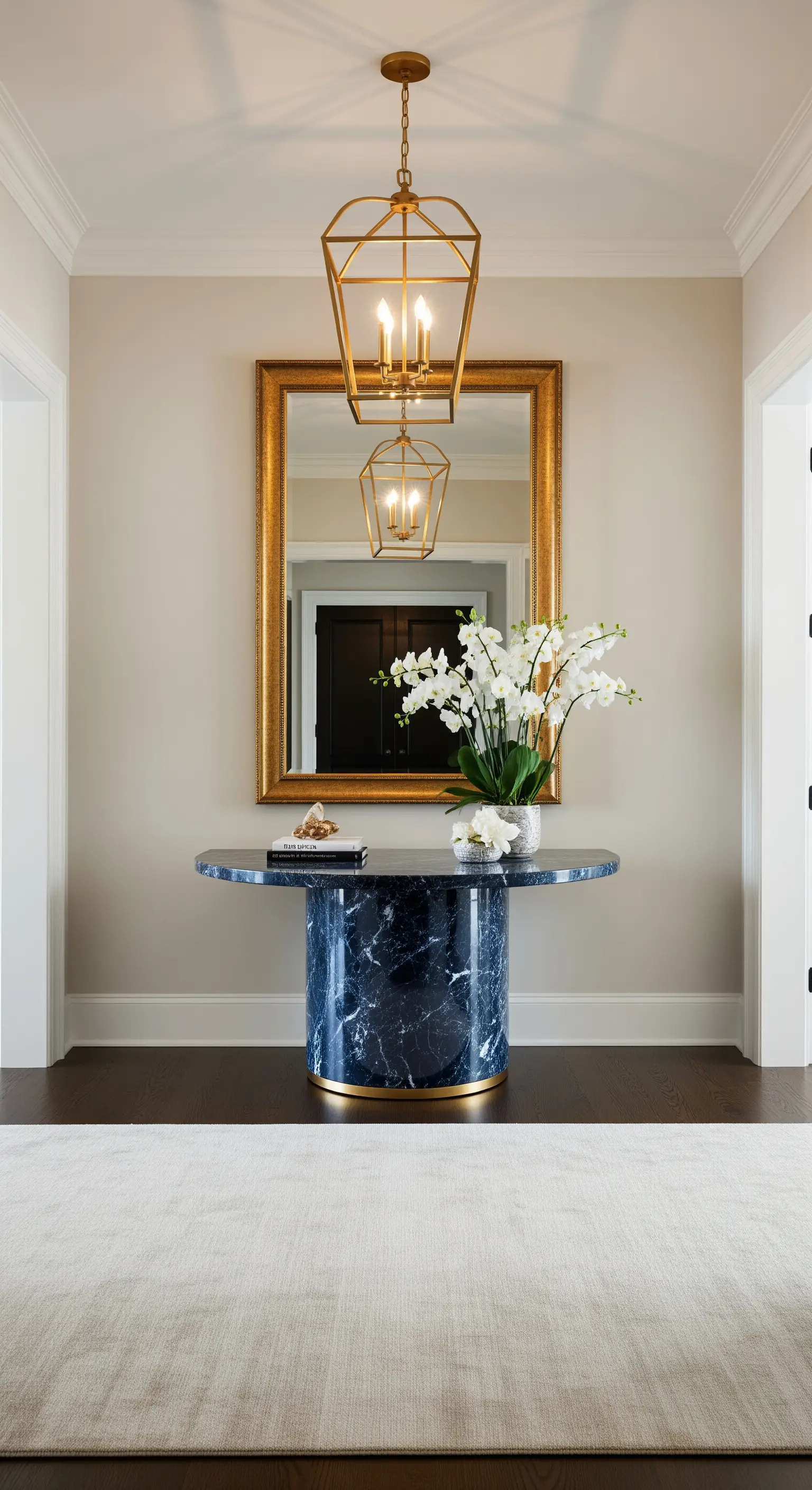 Tavolo rotondo in marmo blu sotto uno specchio dorato e una lampada a lanterna.