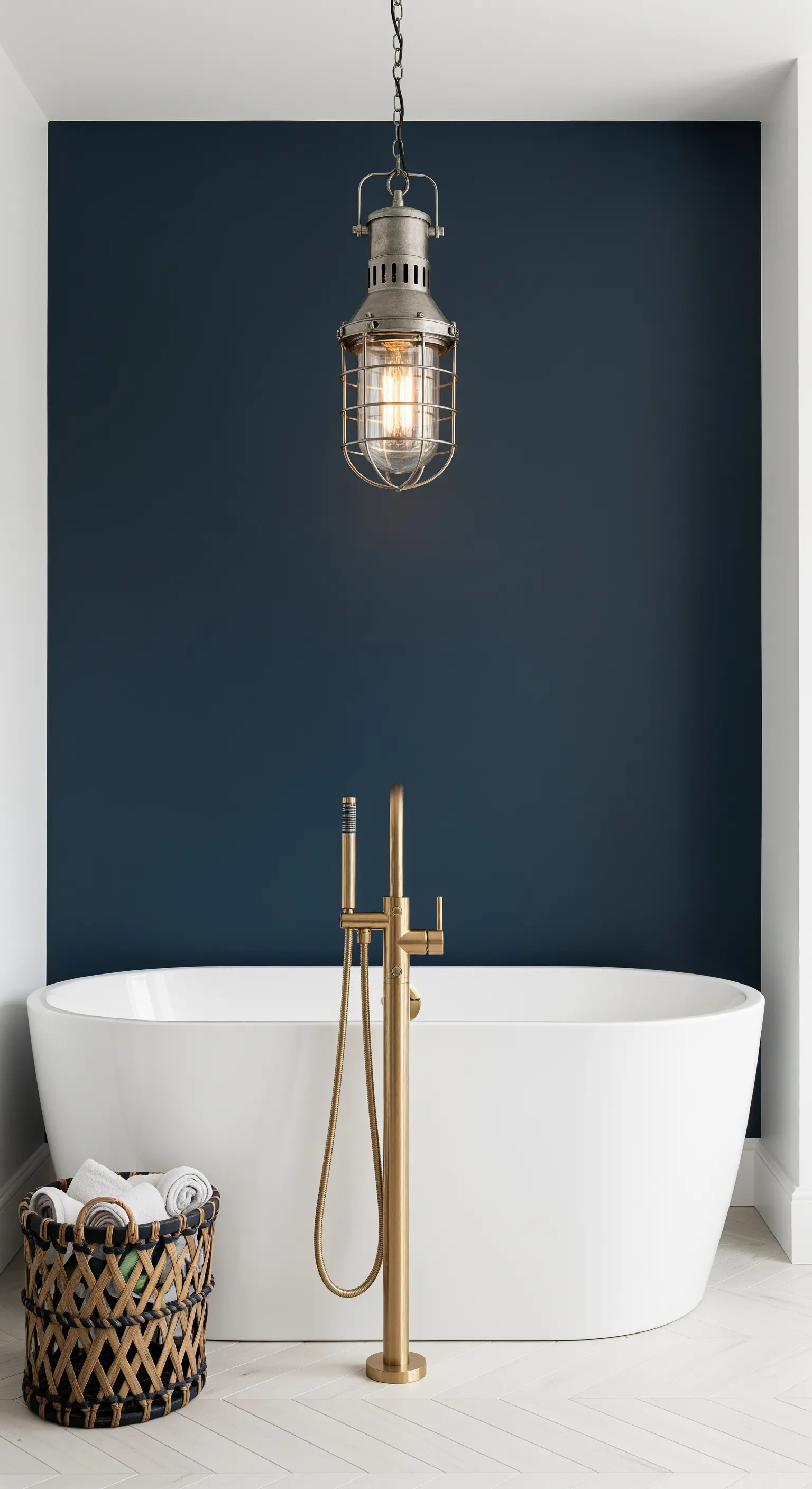 Vasca da bagno bianca contro una parete blu scuro, con una lampada industriale sospesa.