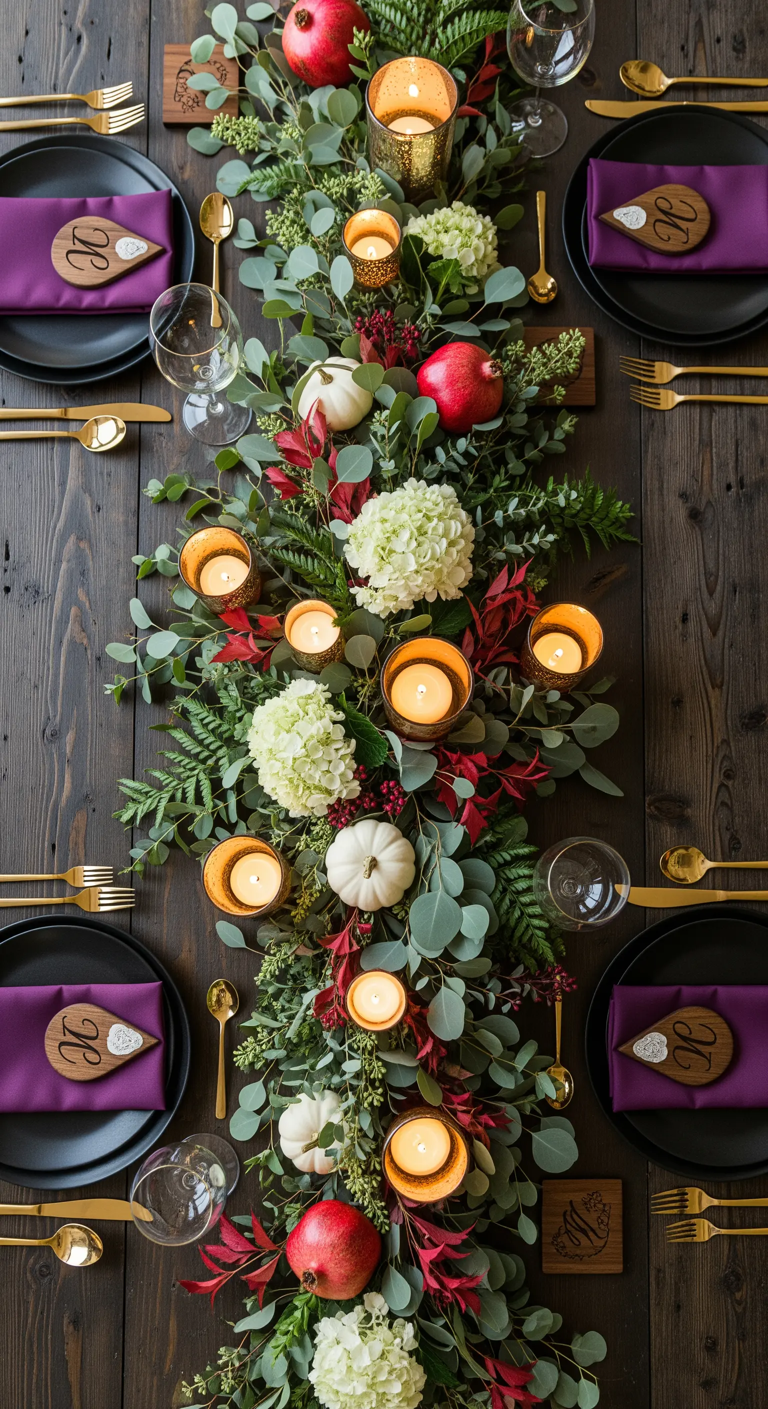 Centrotavola autunnale con eucalipto, zucche bianche, melograni e candele.