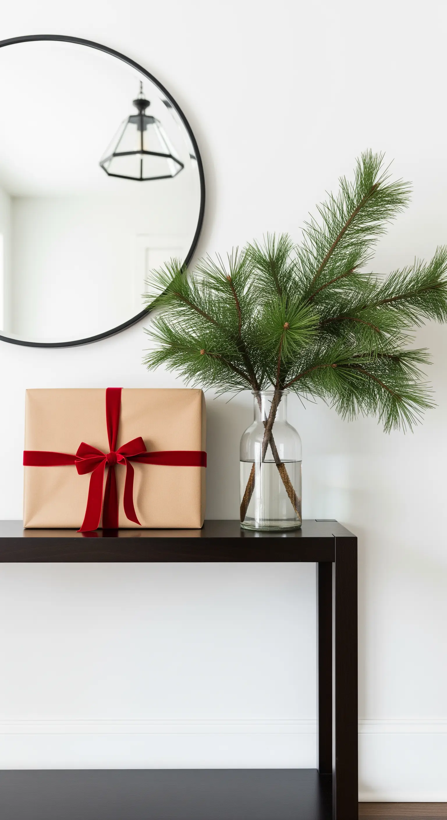 Pacco regalo con fiocco rosso su una consolle nera, accanto a un vaso con rami di pino.