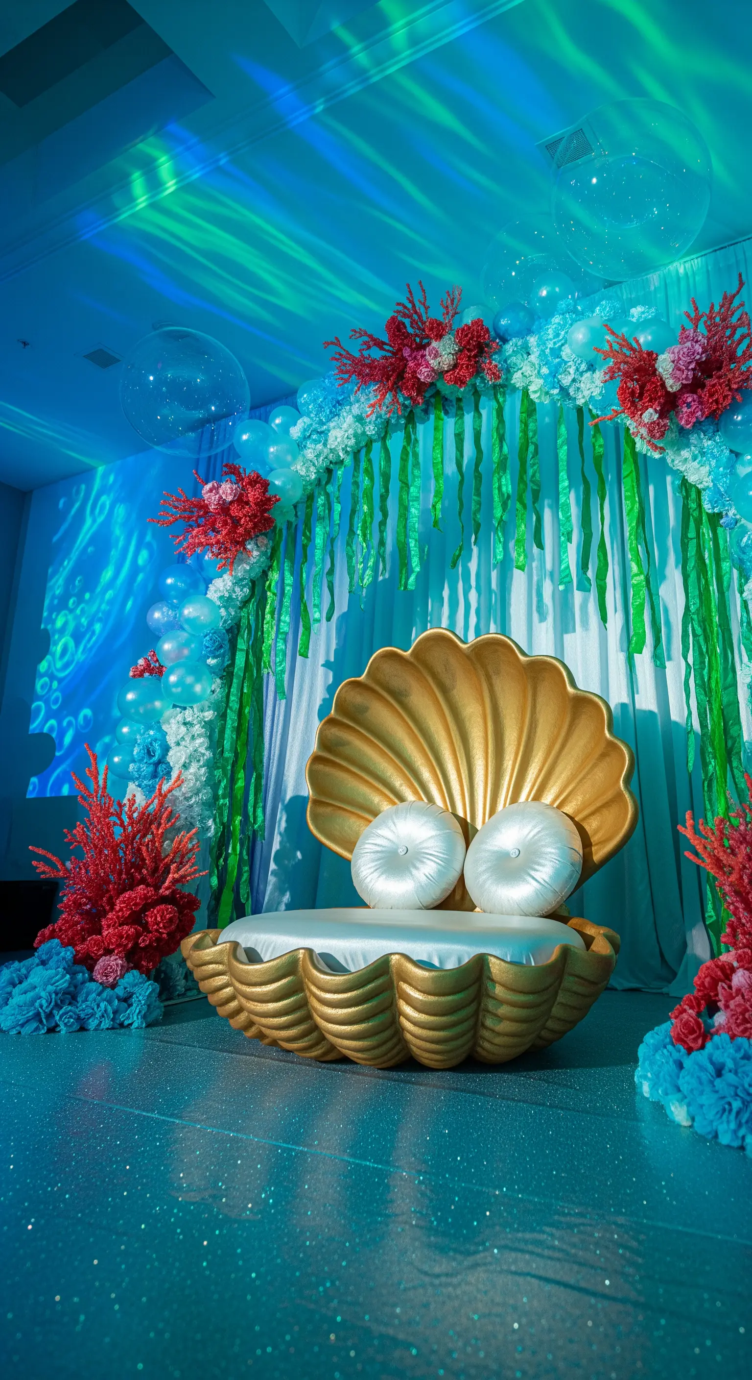 Trono a forma di conchiglia dorata per una festa a tema sirena.