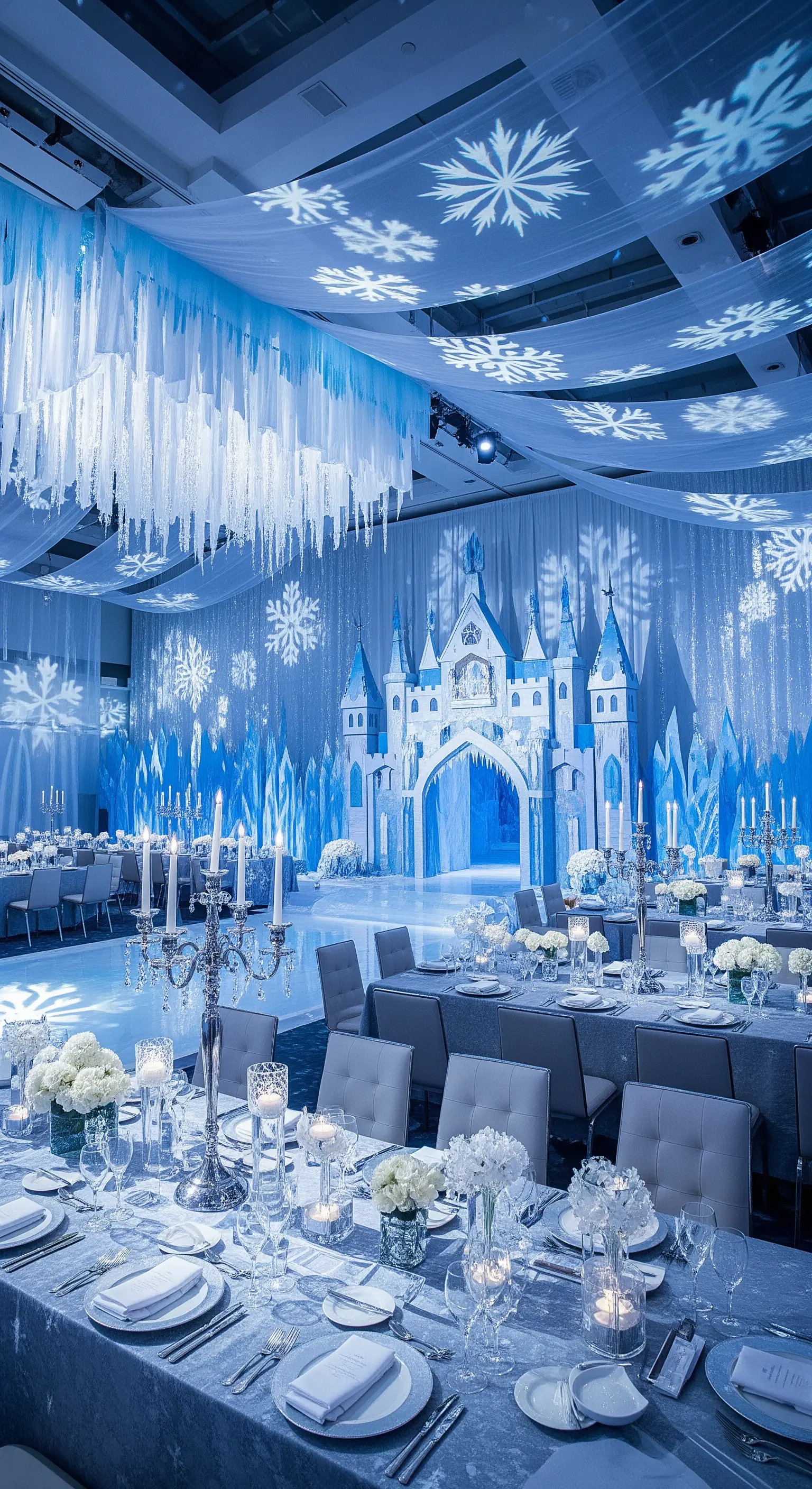 Sala allestita a tema Frozen con castello di ghiaccio, fiocchi di neve proiettati e stalattiti.