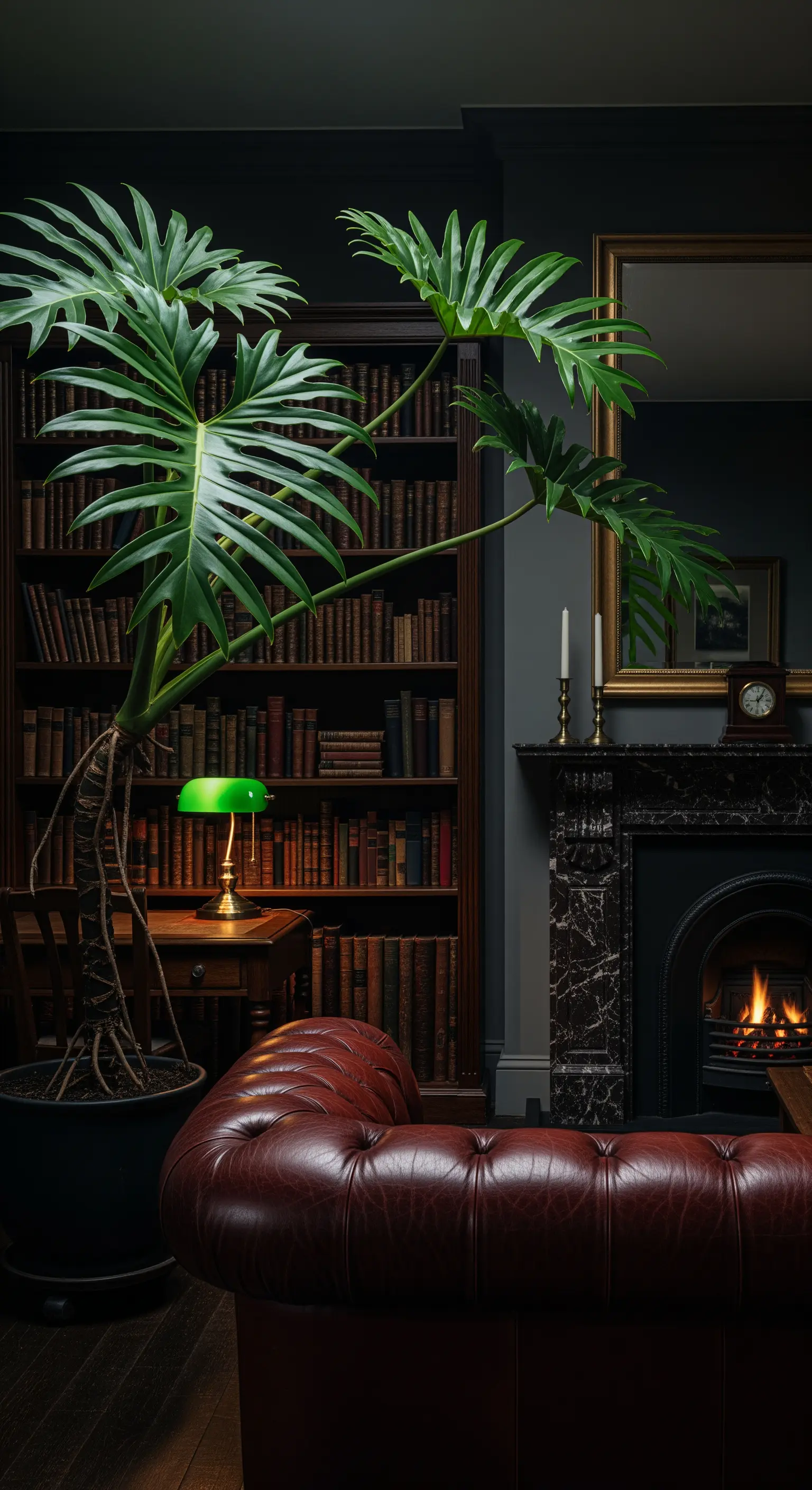 Un filodendro imponente accanto a un divano Chesterfield in pelle in una biblioteca buia.
