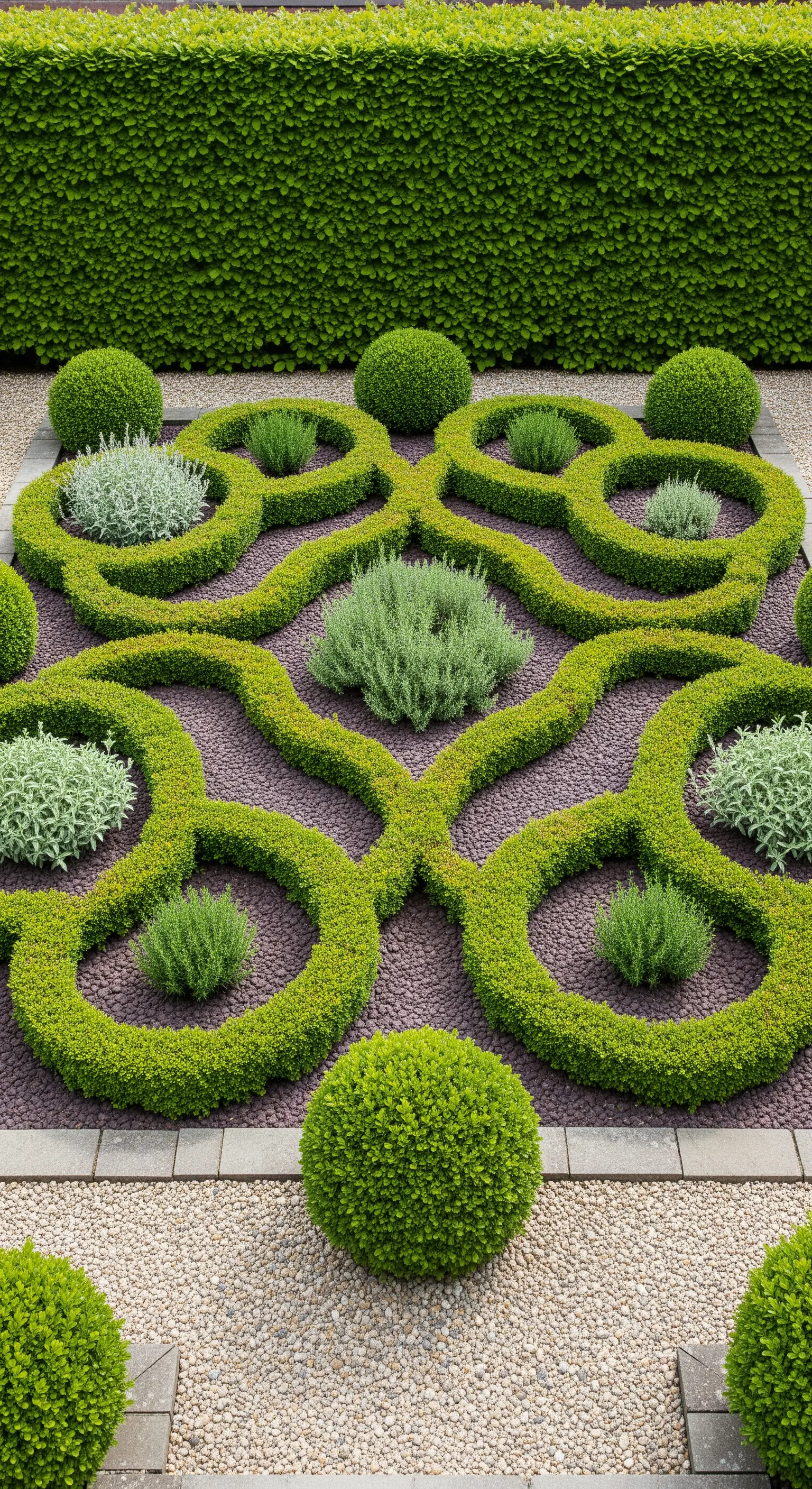 Aiuola con motivi ornamentali realizzati con siepi di bosso e ciuffi di lavanda e santolina