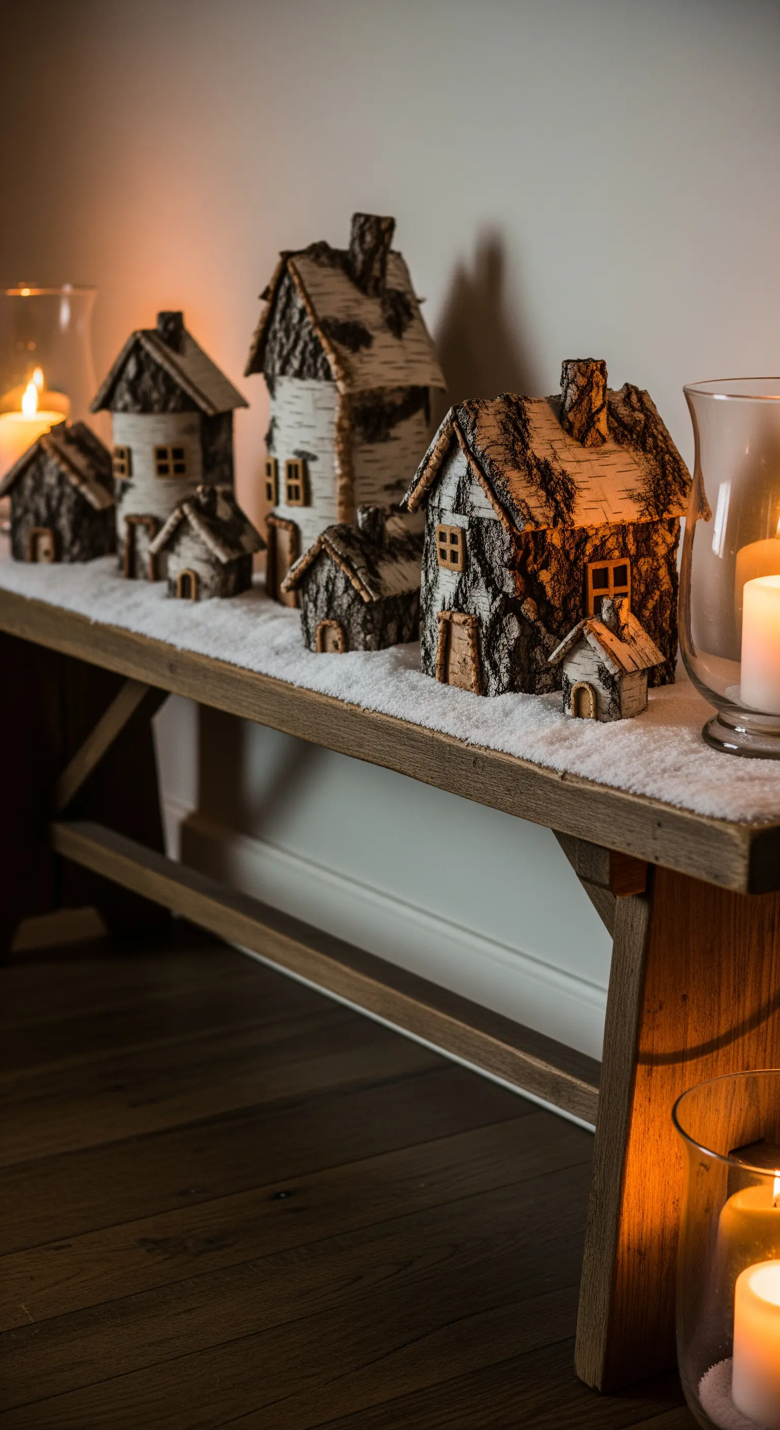 Casette decorative rivestite di corteccia di betulla su una panca di legno.