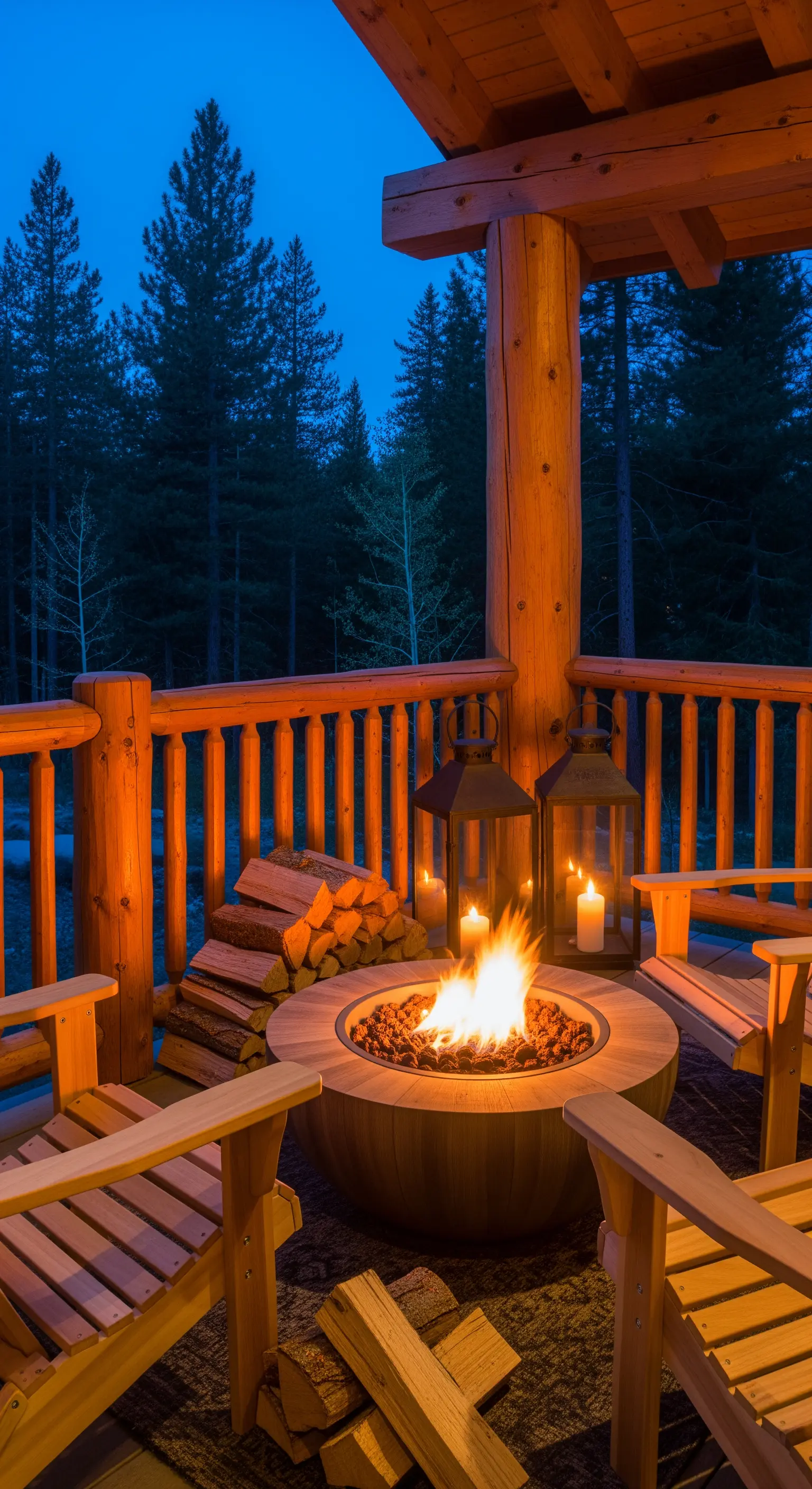 Portico in legno con braciere, sedie rustiche e lanterne accese di notte.