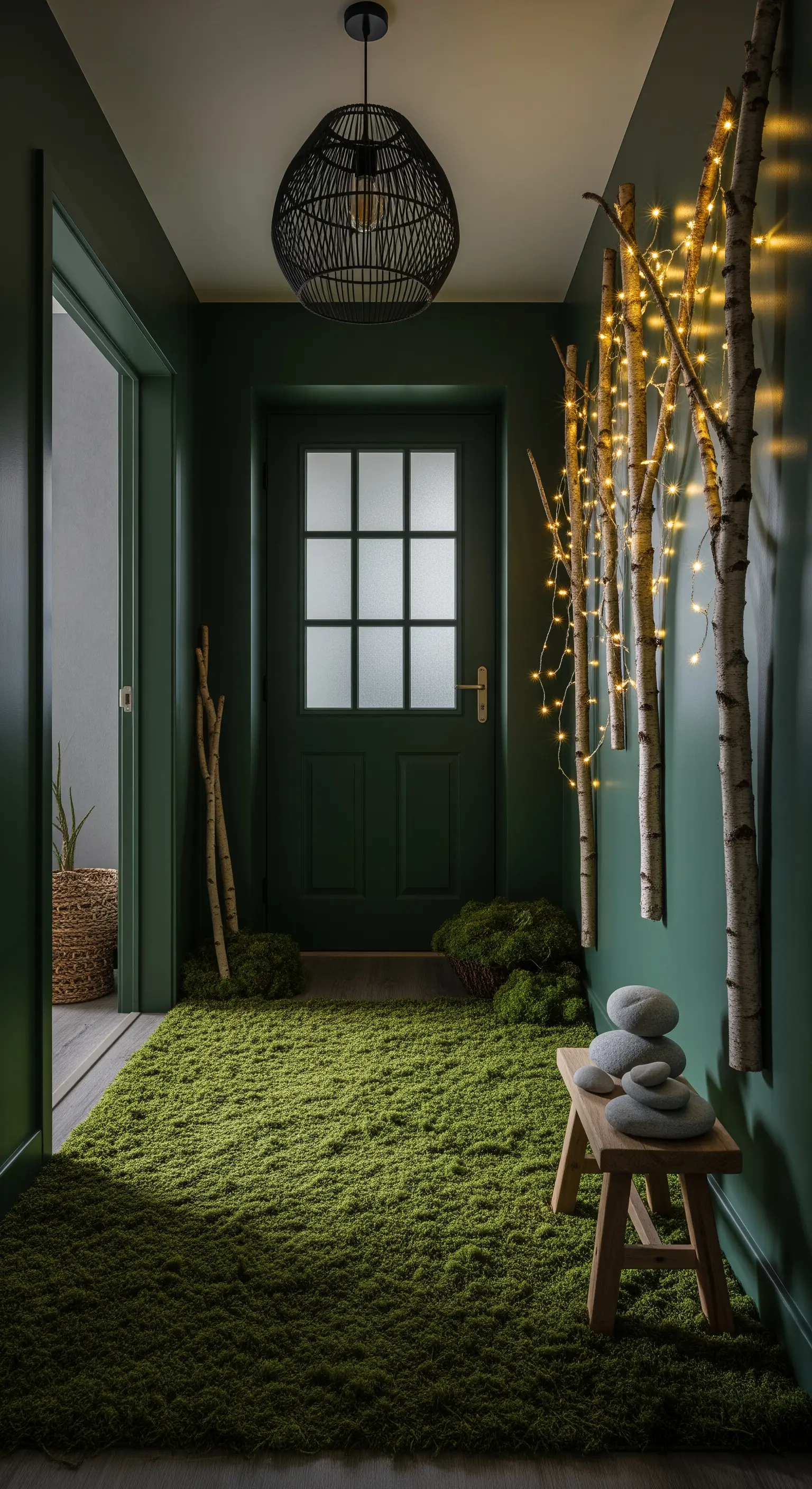 Corridoio verde scuro con tappeto effetto muschio e rami di betulla decorati con lucine.