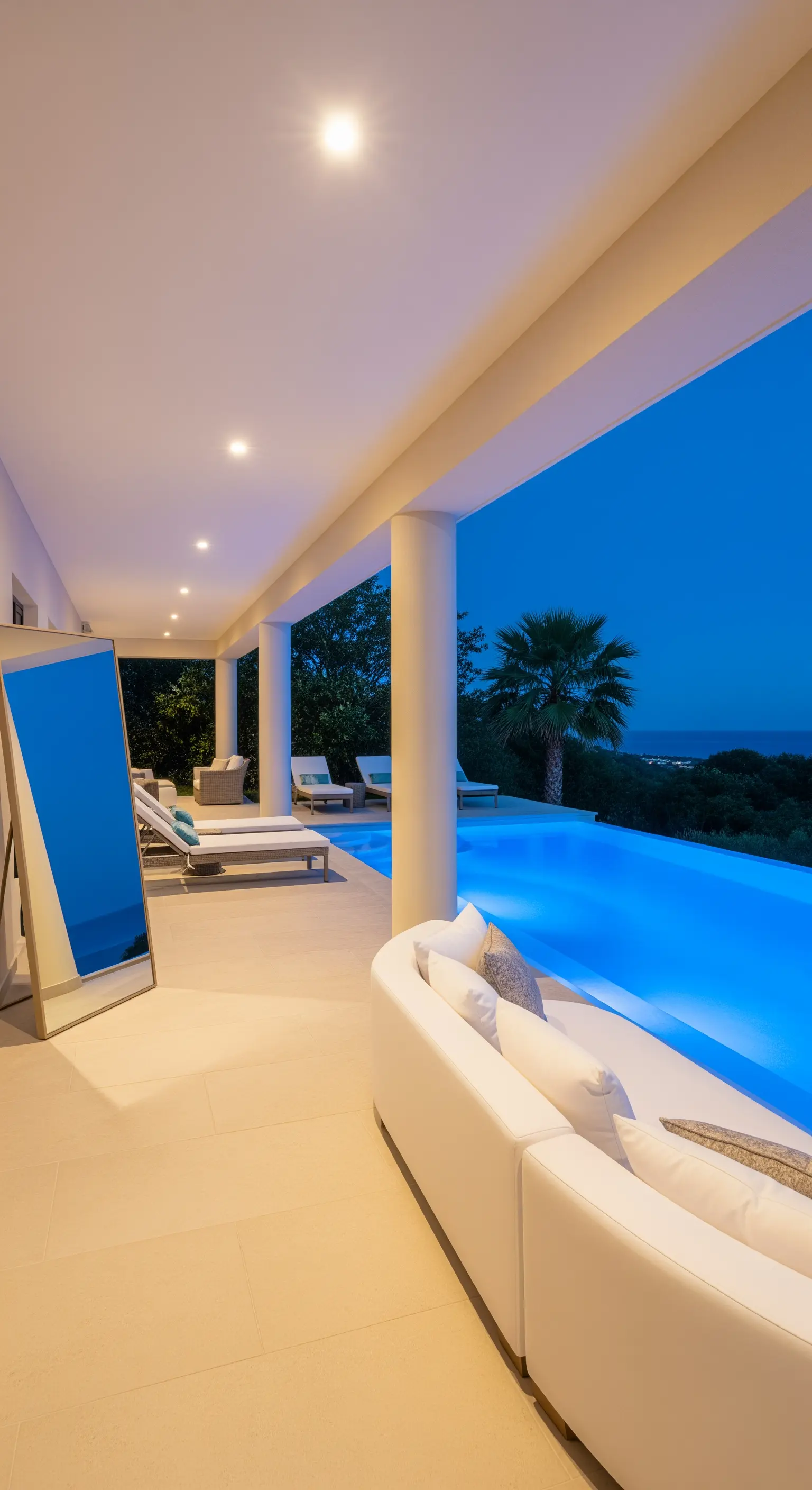 Veranda a bordo piscina con divano bianco e un grande specchio a terra che riflette l'acqua azzurra