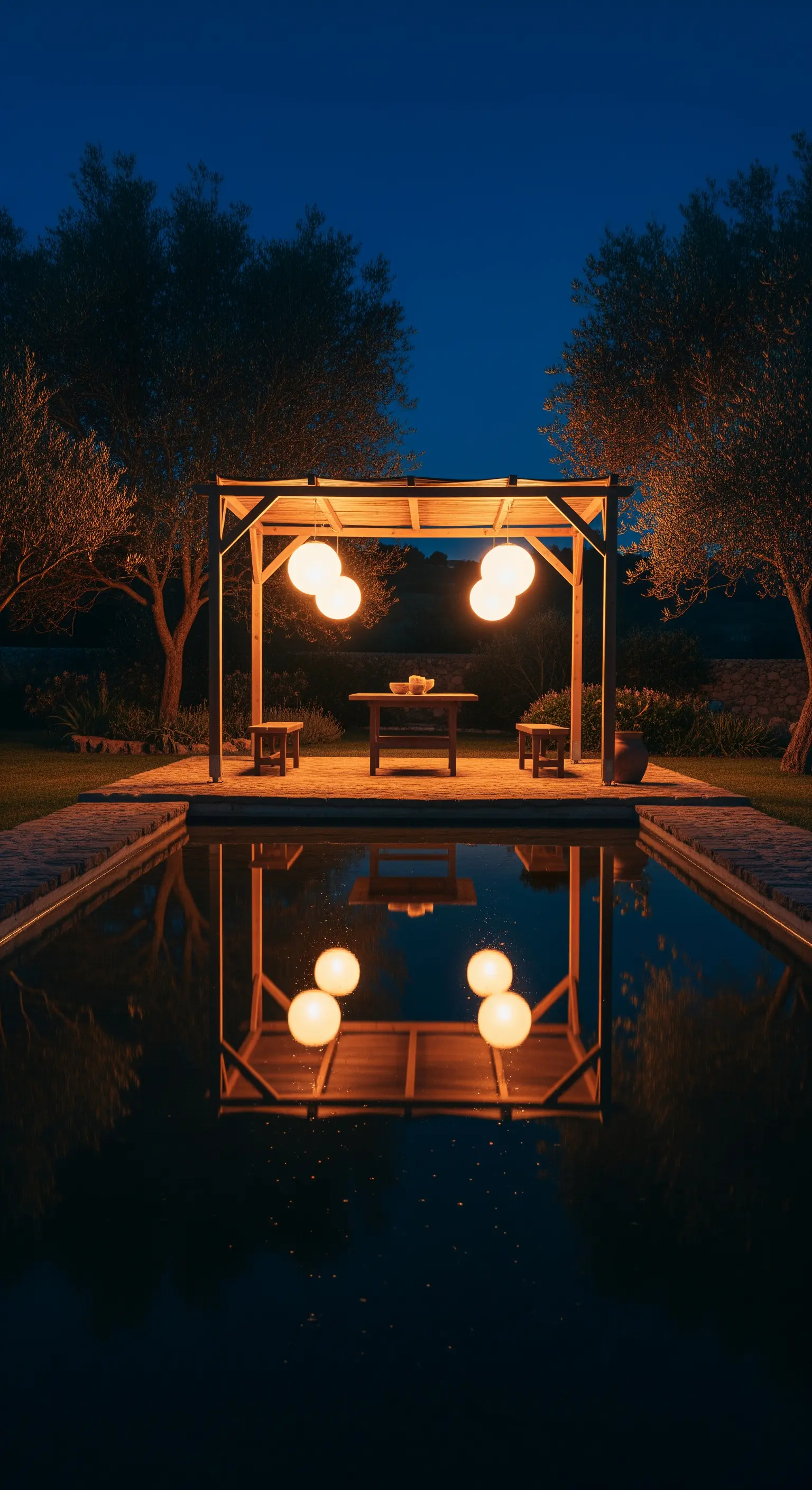 Gazebo illuminato da grandi lampade sferiche che si riflettono in una piscina scura.