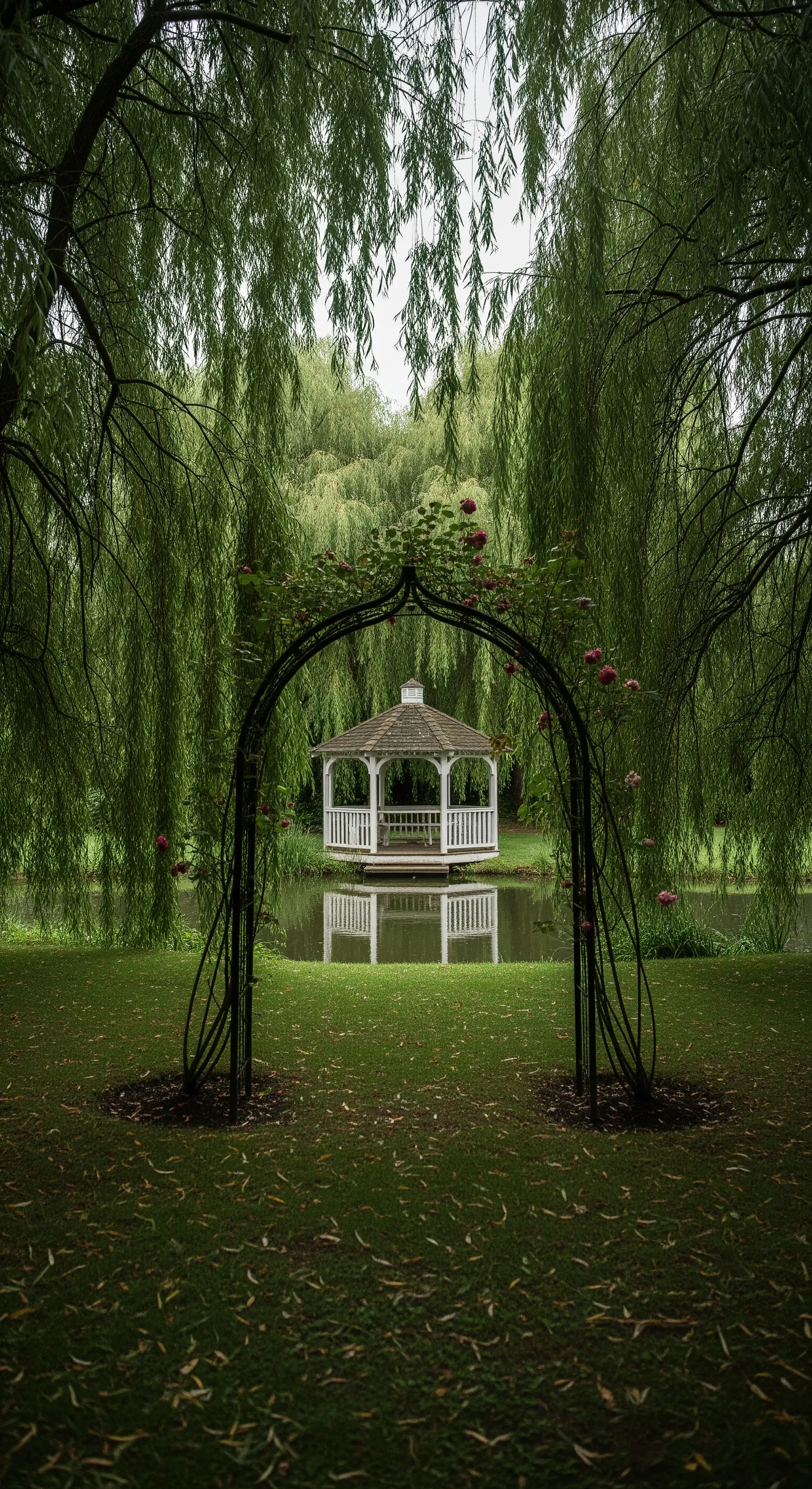 Gazebo bianco su un laghetto, incorniciato da un arco scuro e circondato da salici piangenti.