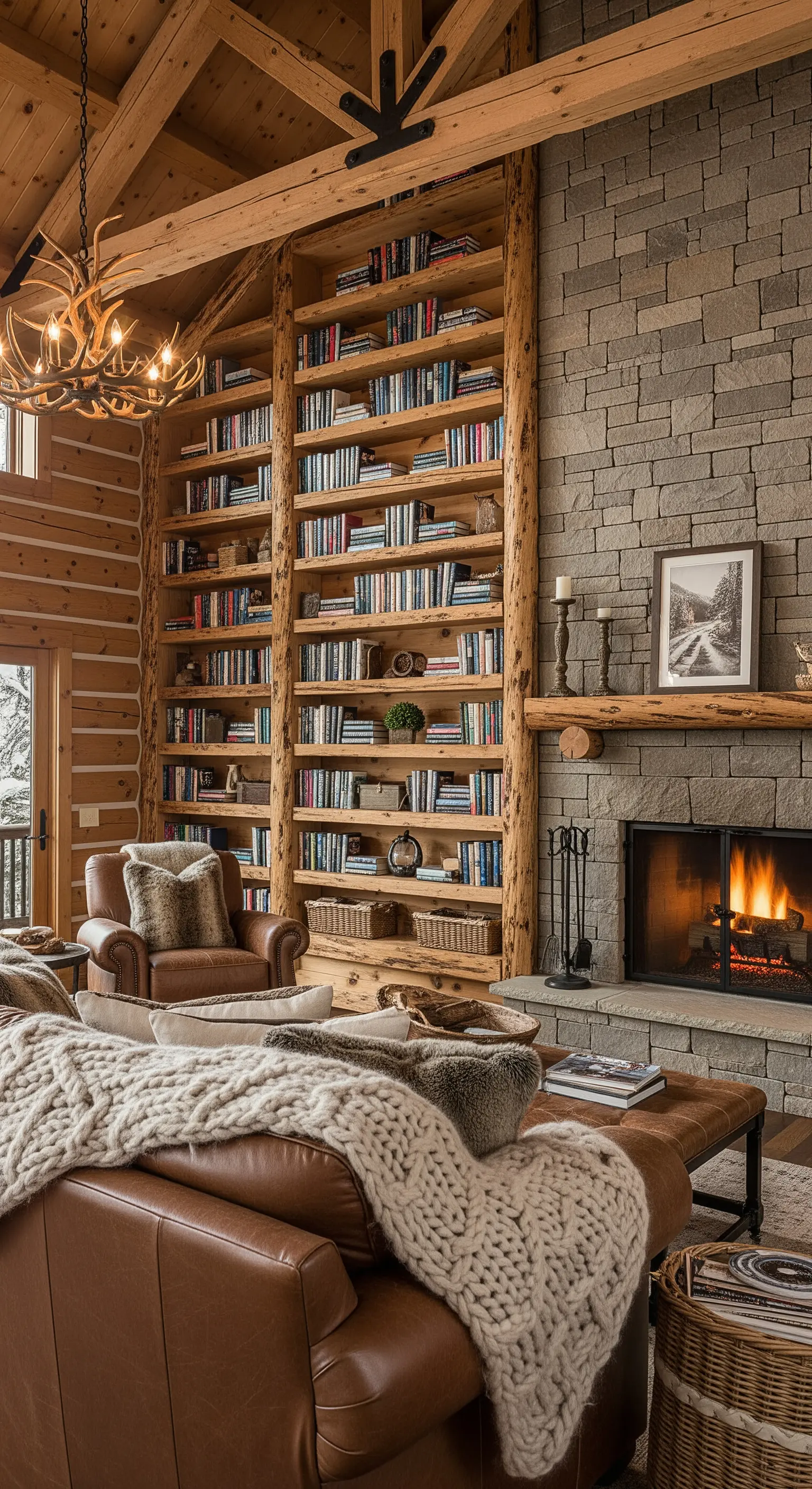 Salotto in stile baita con libreria a tutta altezza tra tronchi di legno.