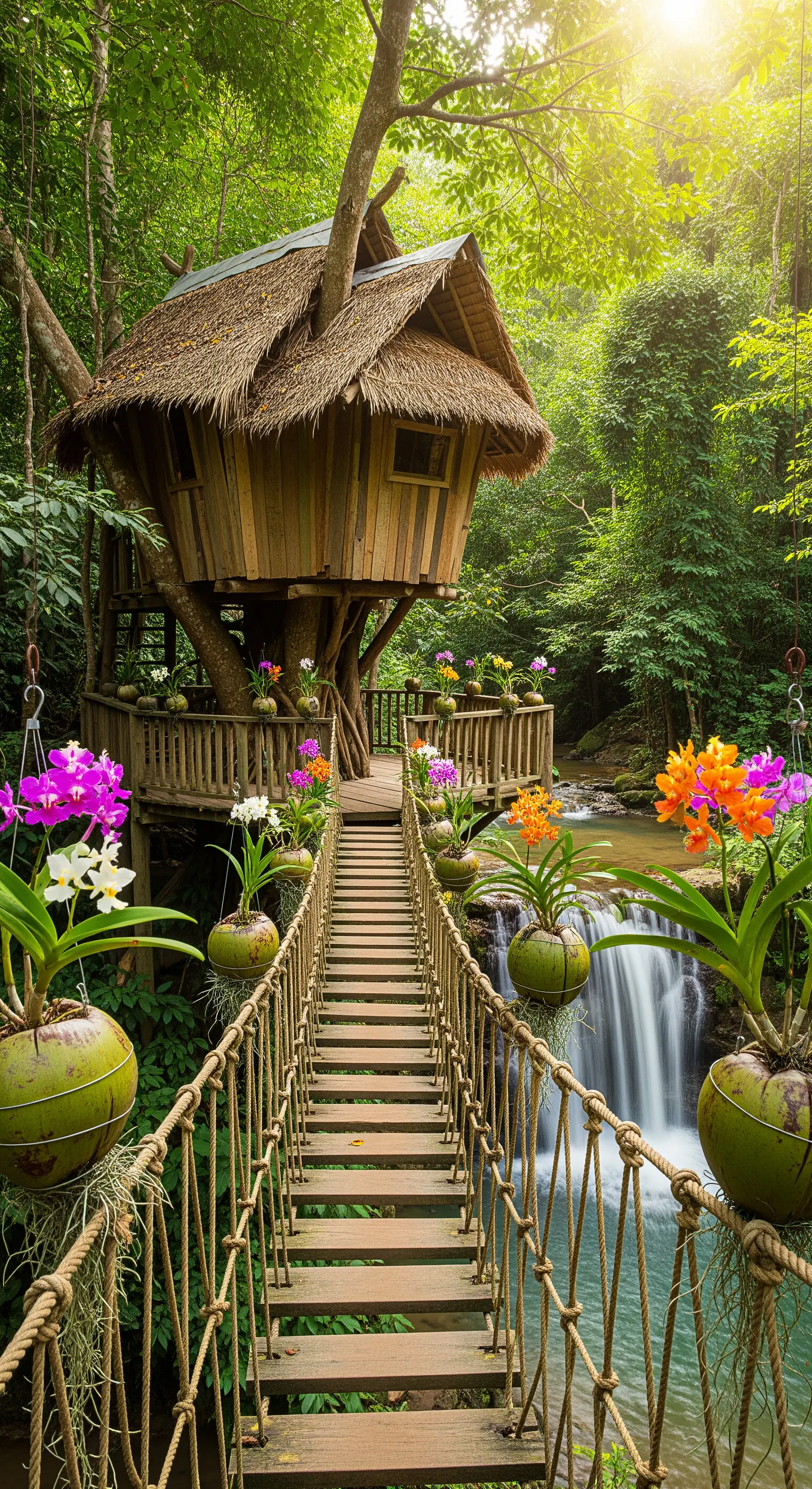 Ponte di corda che conduce a una casa sull'albero con orchidee in vasi di cocco e una cascata.