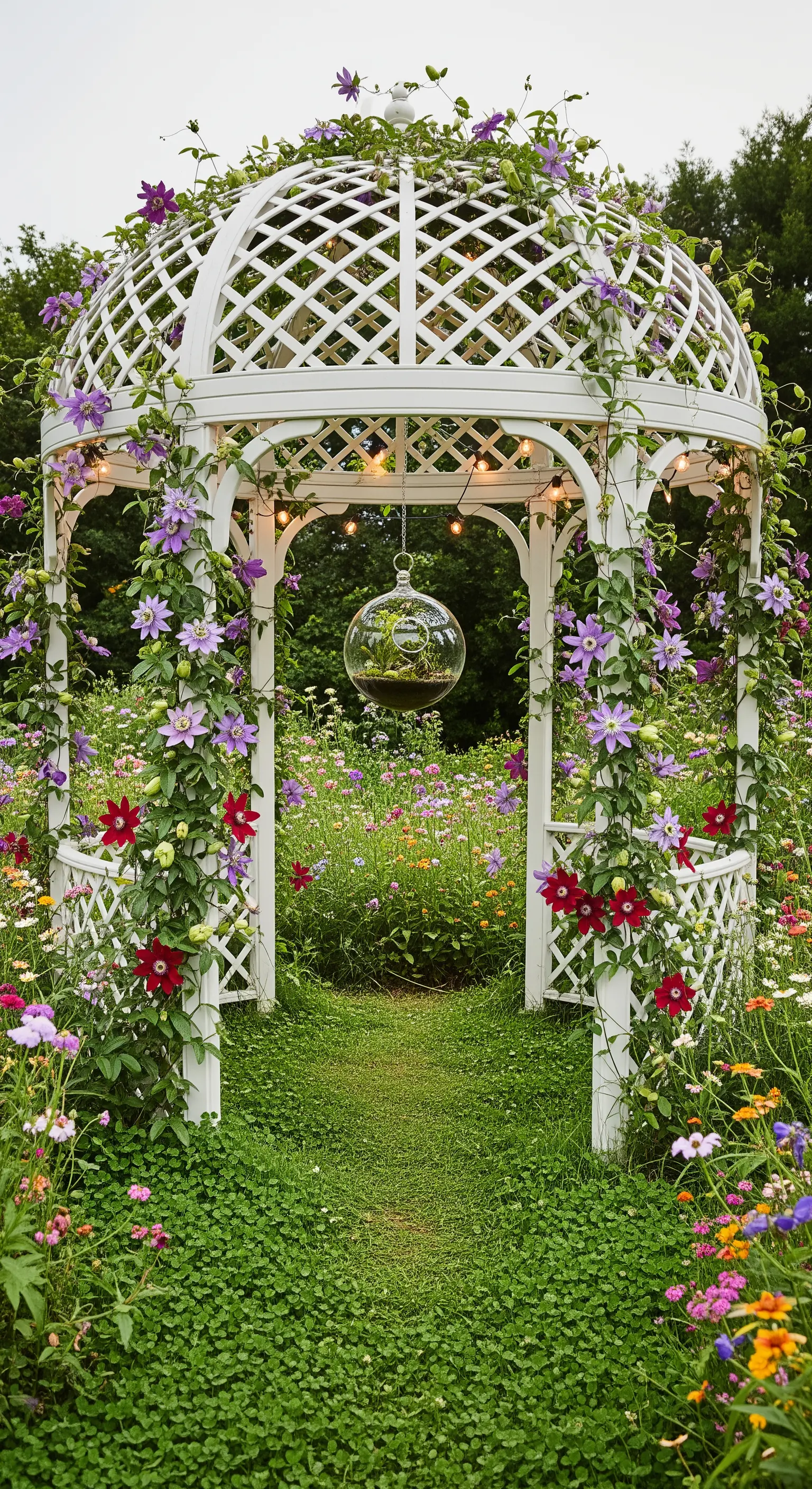 Gazebo a cupola bianca ricoperto di clematidi viola e rosse in un campo di fiori selvatici.