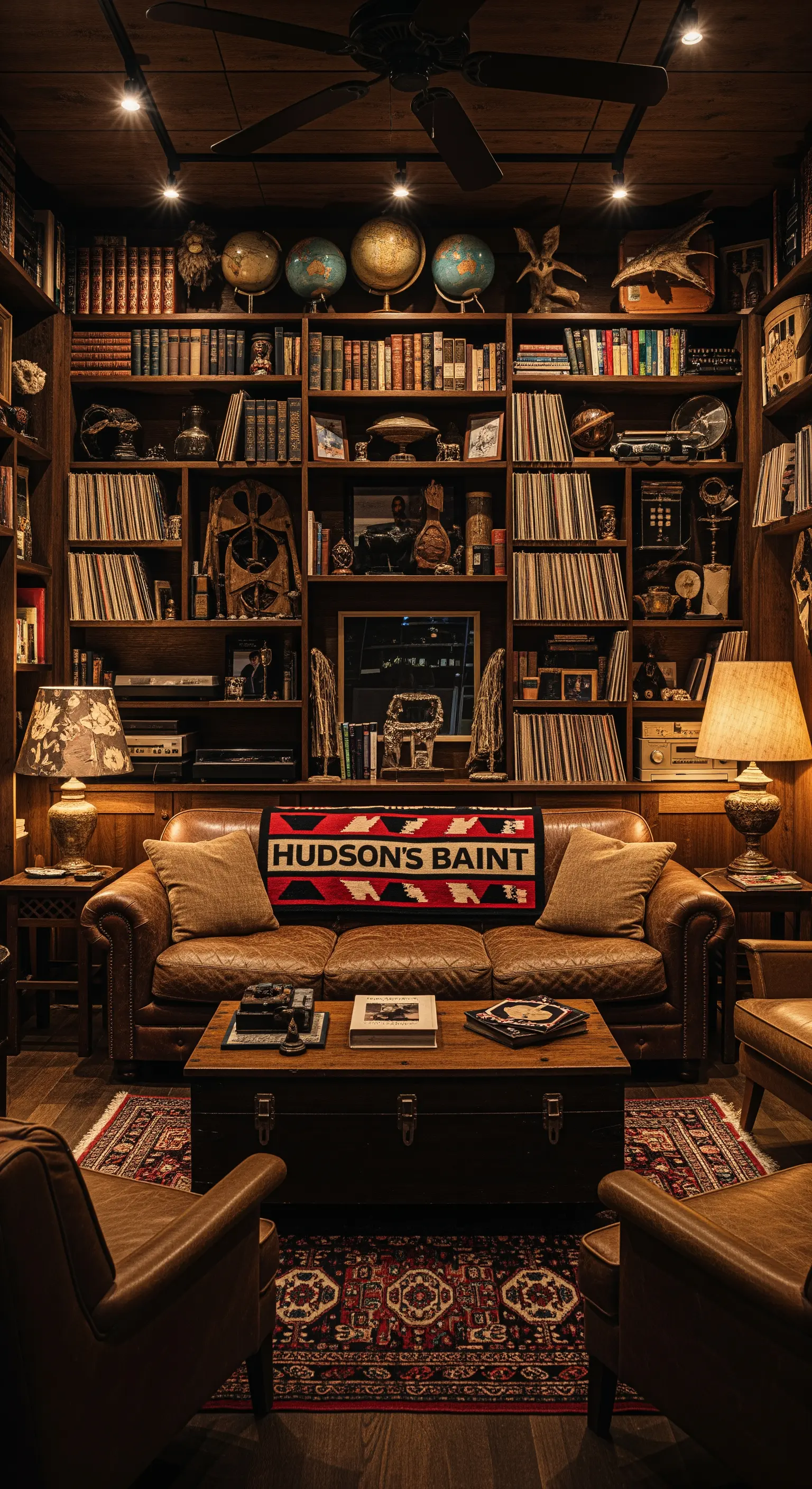 Salotto denso di oggetti con libreria in legno scuro piena di libri e collezioni.