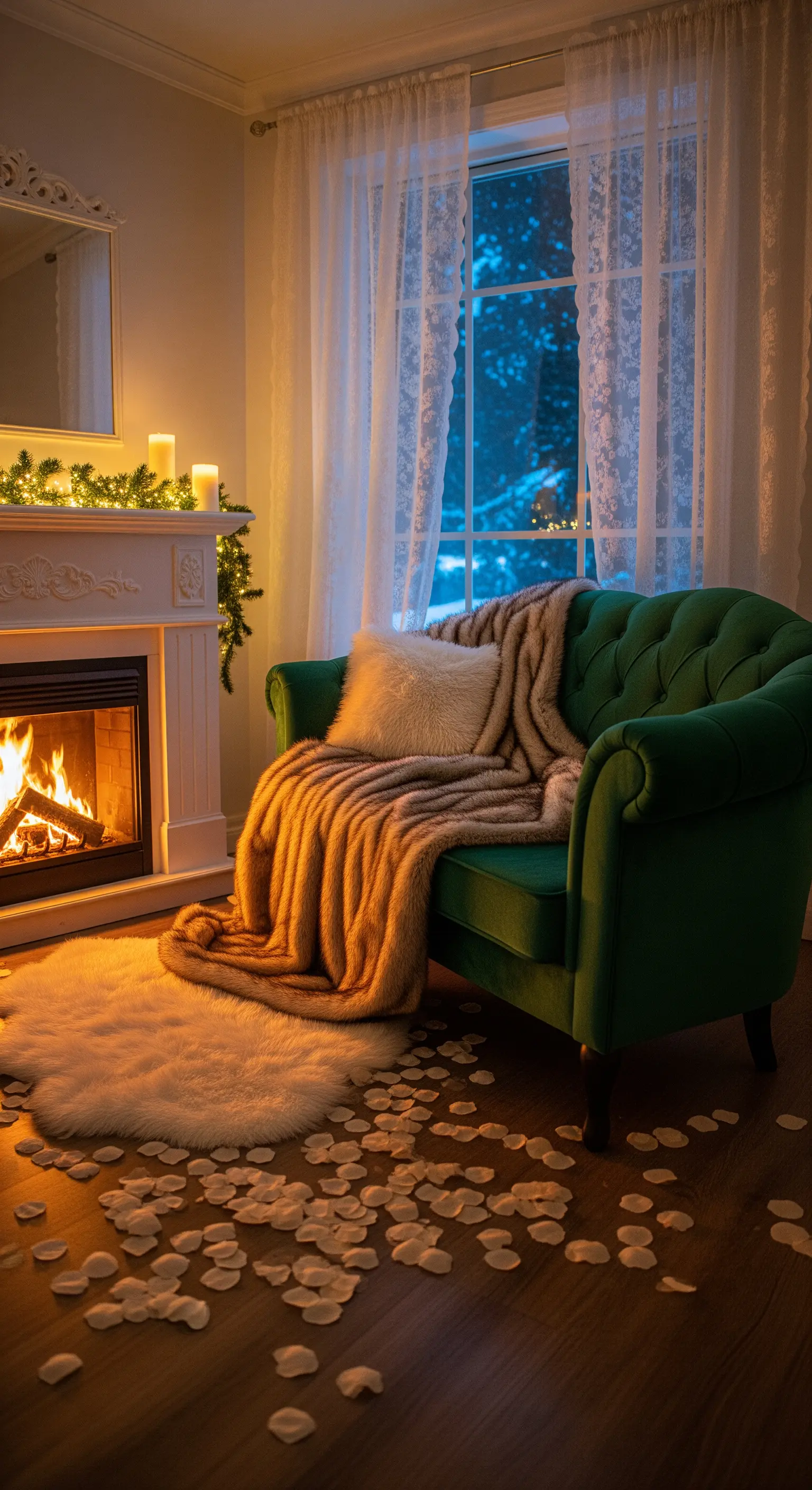 Angolo romantico con poltrona in velluto verde, camino acceso e petali bianchi sparsi sul pavimento.