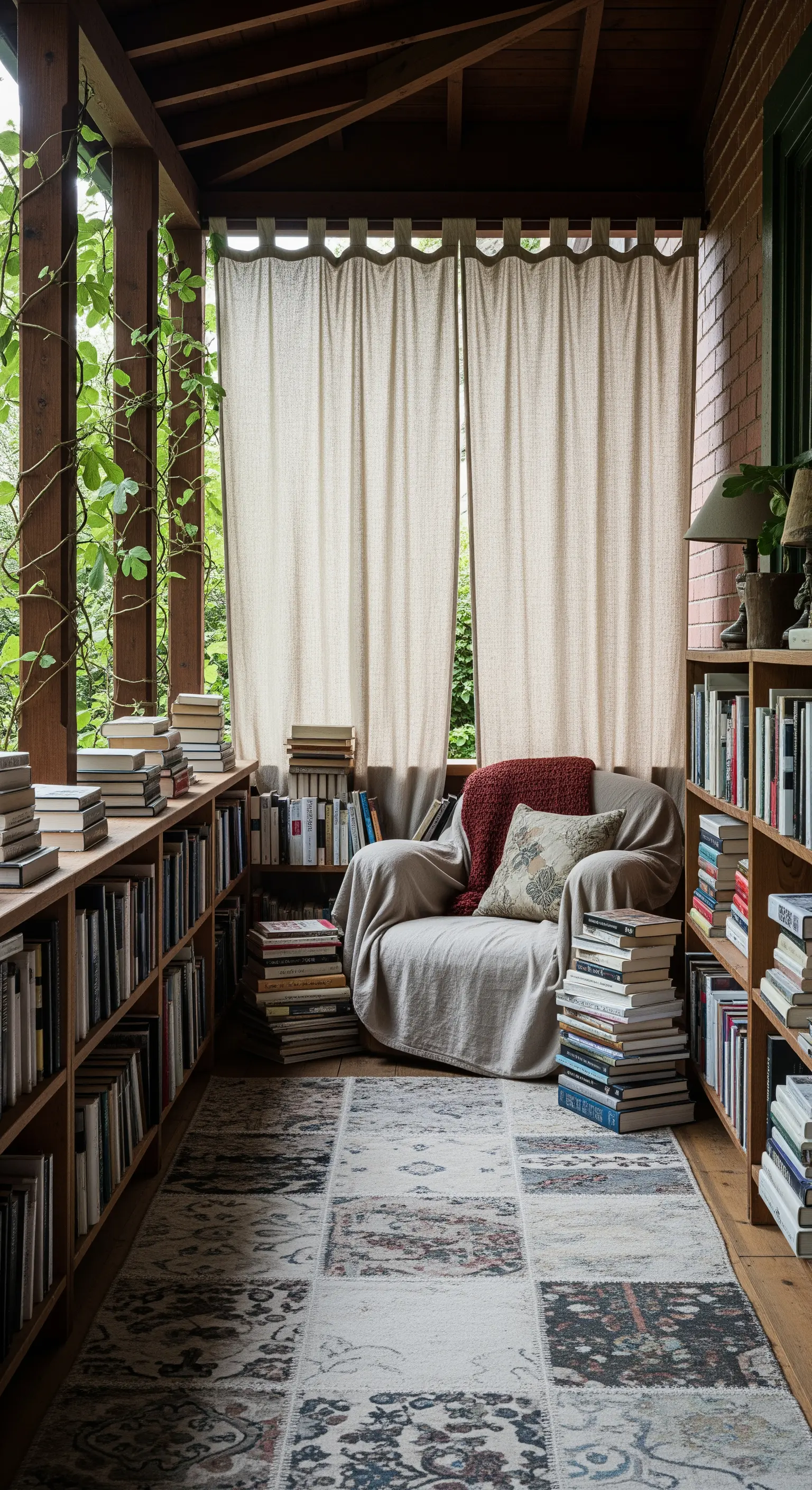 Portico trasformato in biblioteca con scaffali bassi pieni di libri, poltrona e tende di lino.