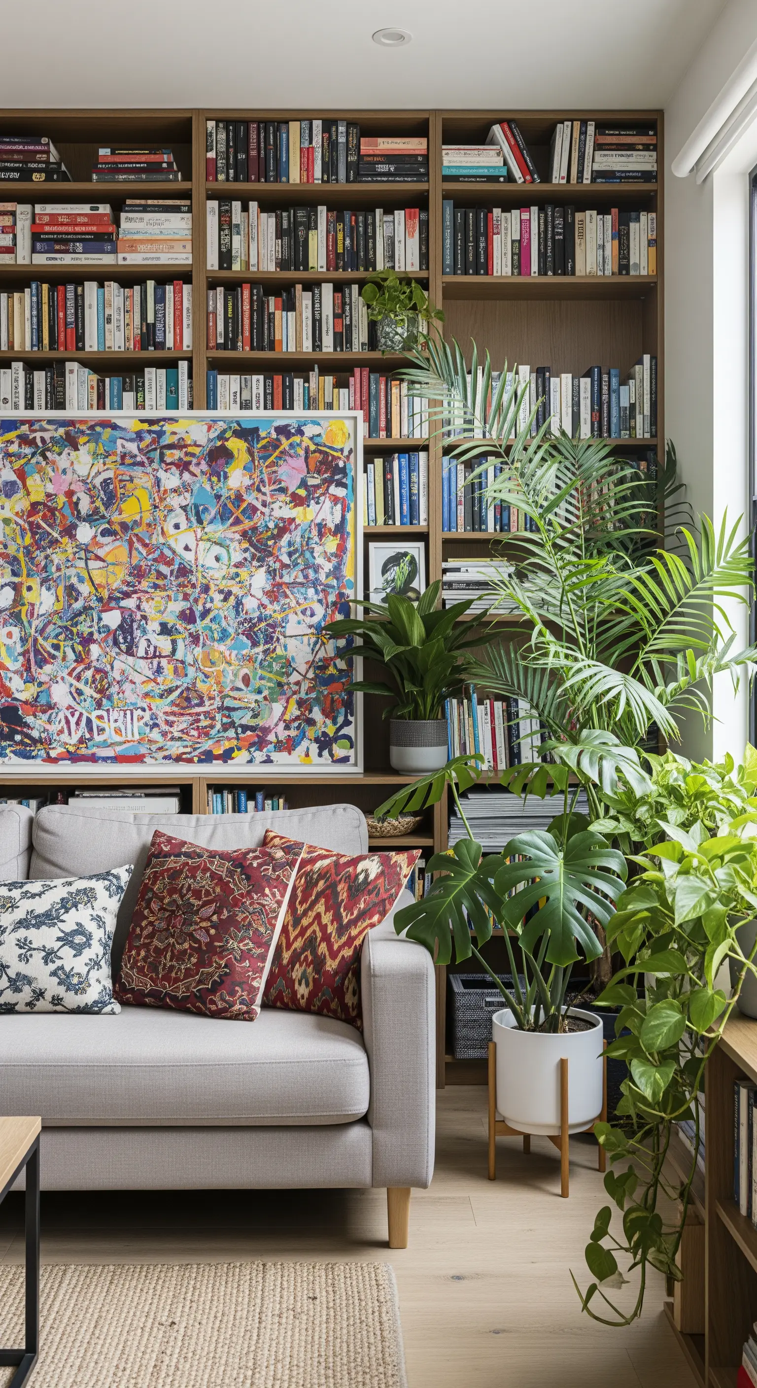 Salotto con libreria a tutta parete, un divano grigio con cuscini etnici e piante integrate.