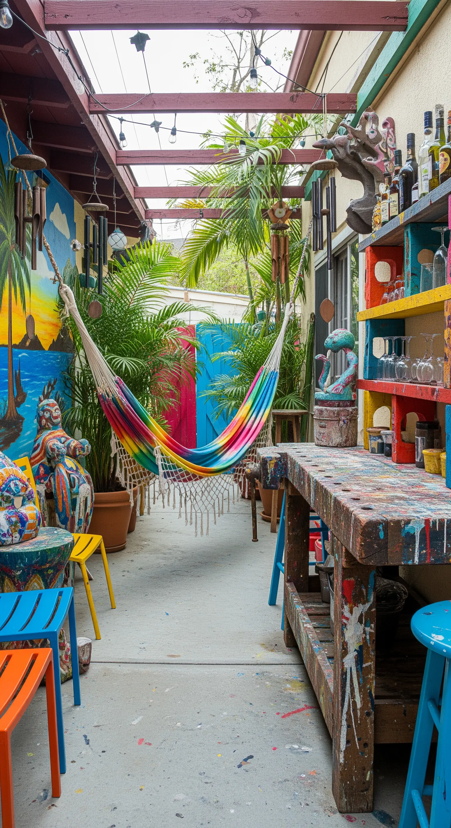 Patio eclettico e colorato con un murale, un banco da lavoro e un'amaca vivace.