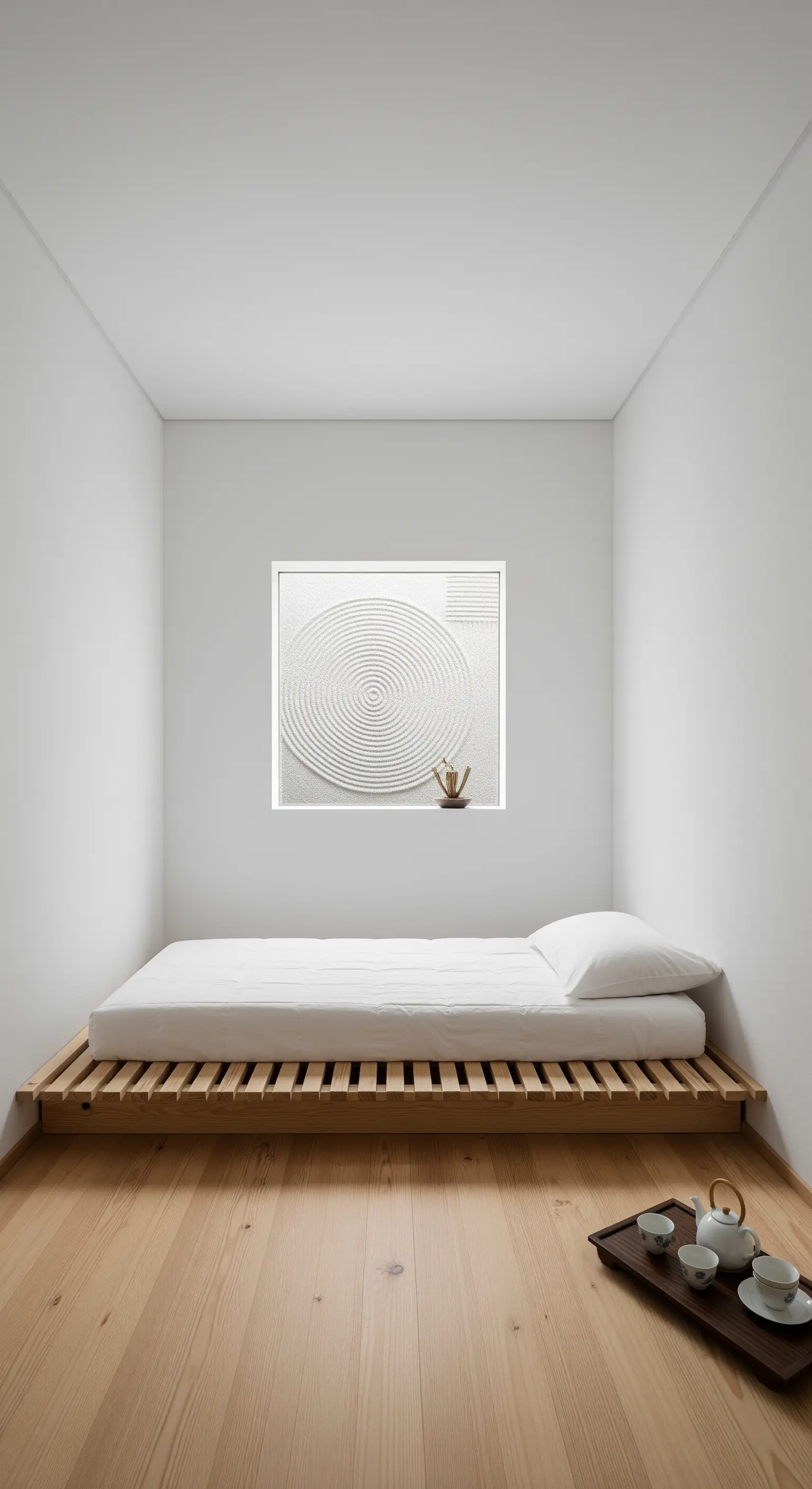 Stanza piccola con materasso appoggiato su una pedana a listelli in legno.