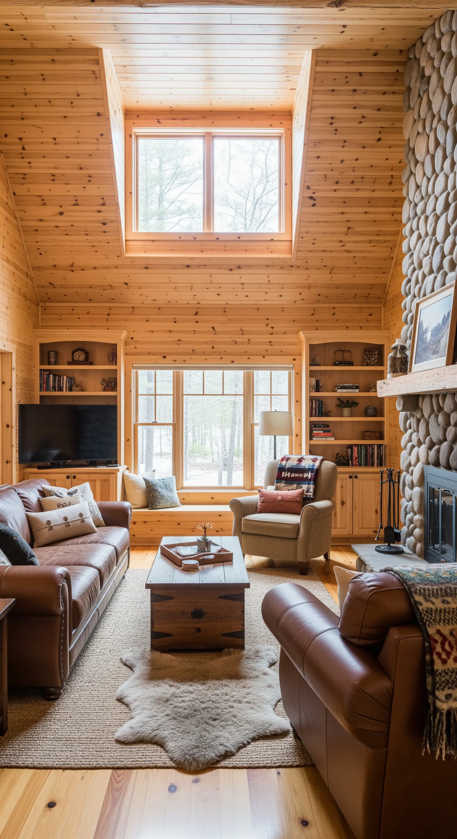 Salotto in stile baita con pareti in legno di pino, camino in pietra e divani in pelle.