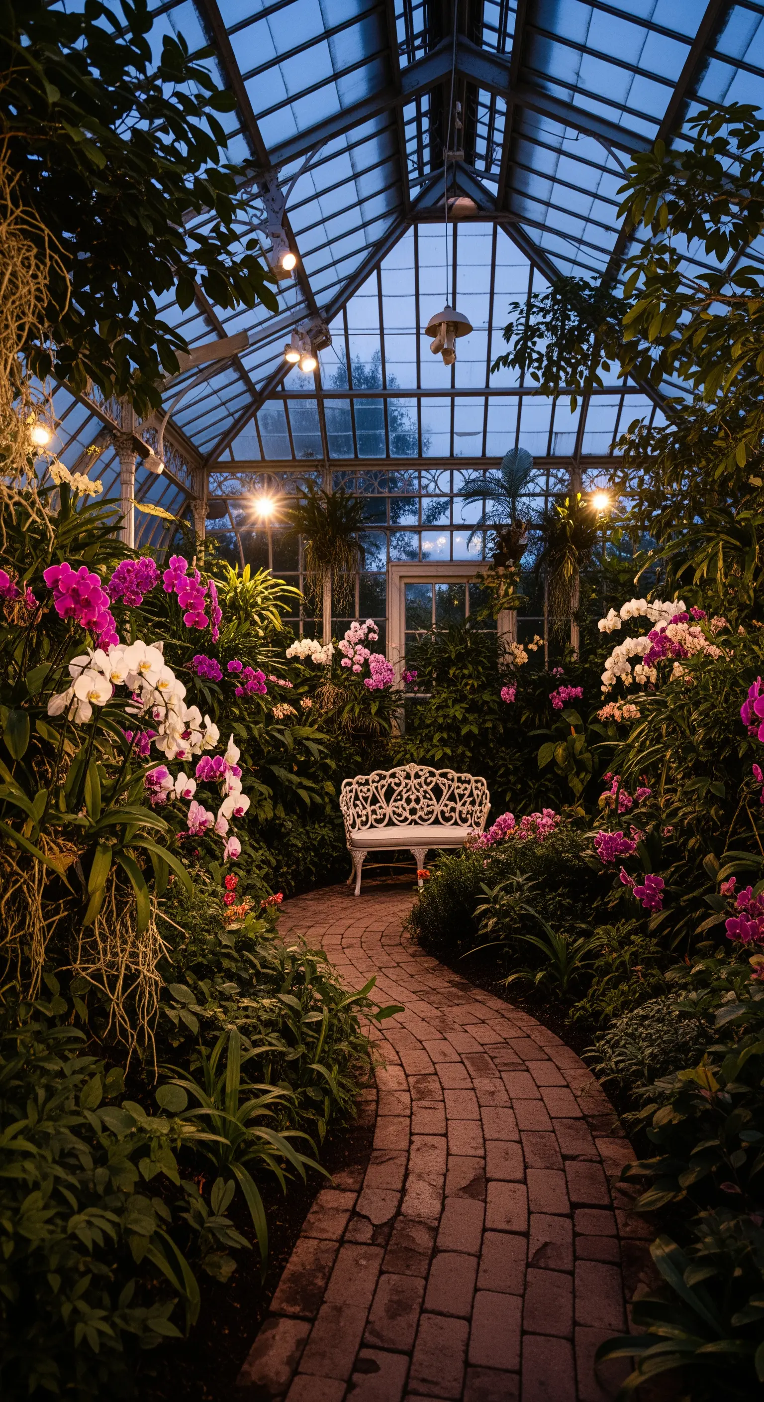 Panchina bianca all'interno di una serra di vetro illuminata di notte, circondata da orchidee e piante lussureggianti.