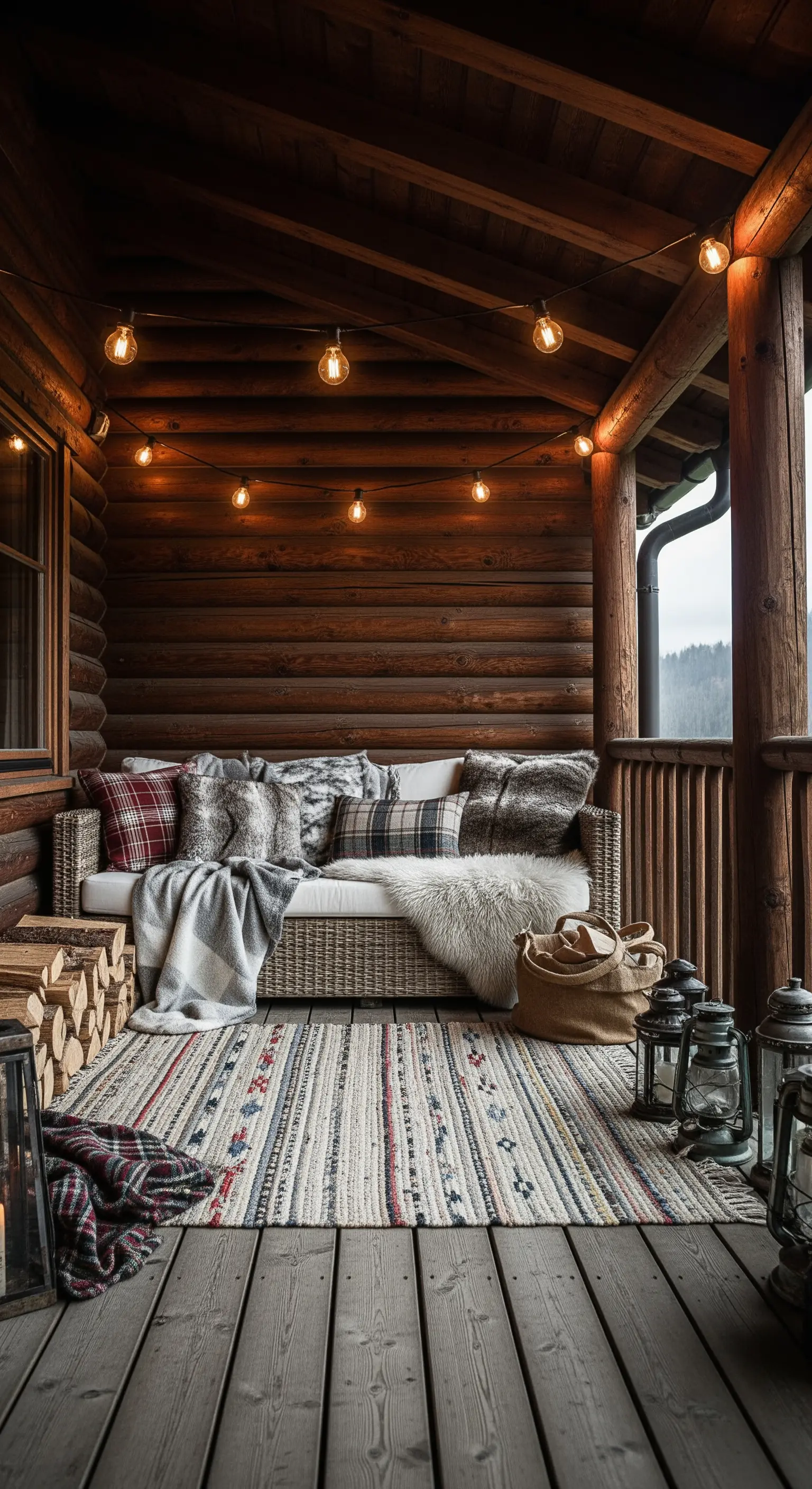 Portico di una baita in legno con divano in vimini, coperte di lana e lanterne.
