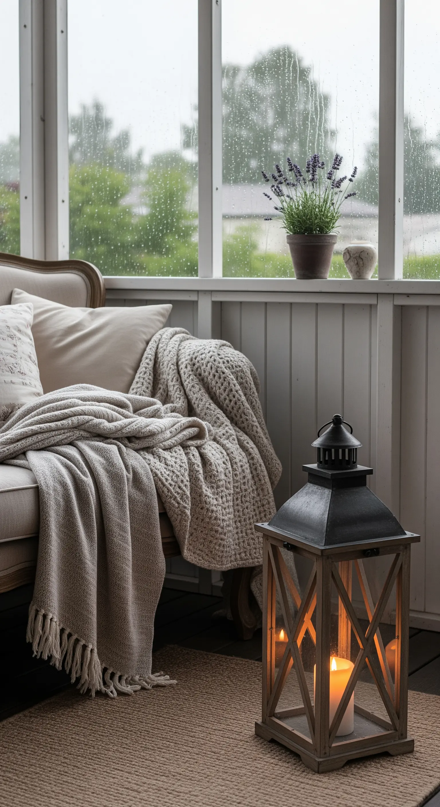 Divano con coperta su una veranda chiusa in un giorno di pioggia, con una lanterna accesa.
