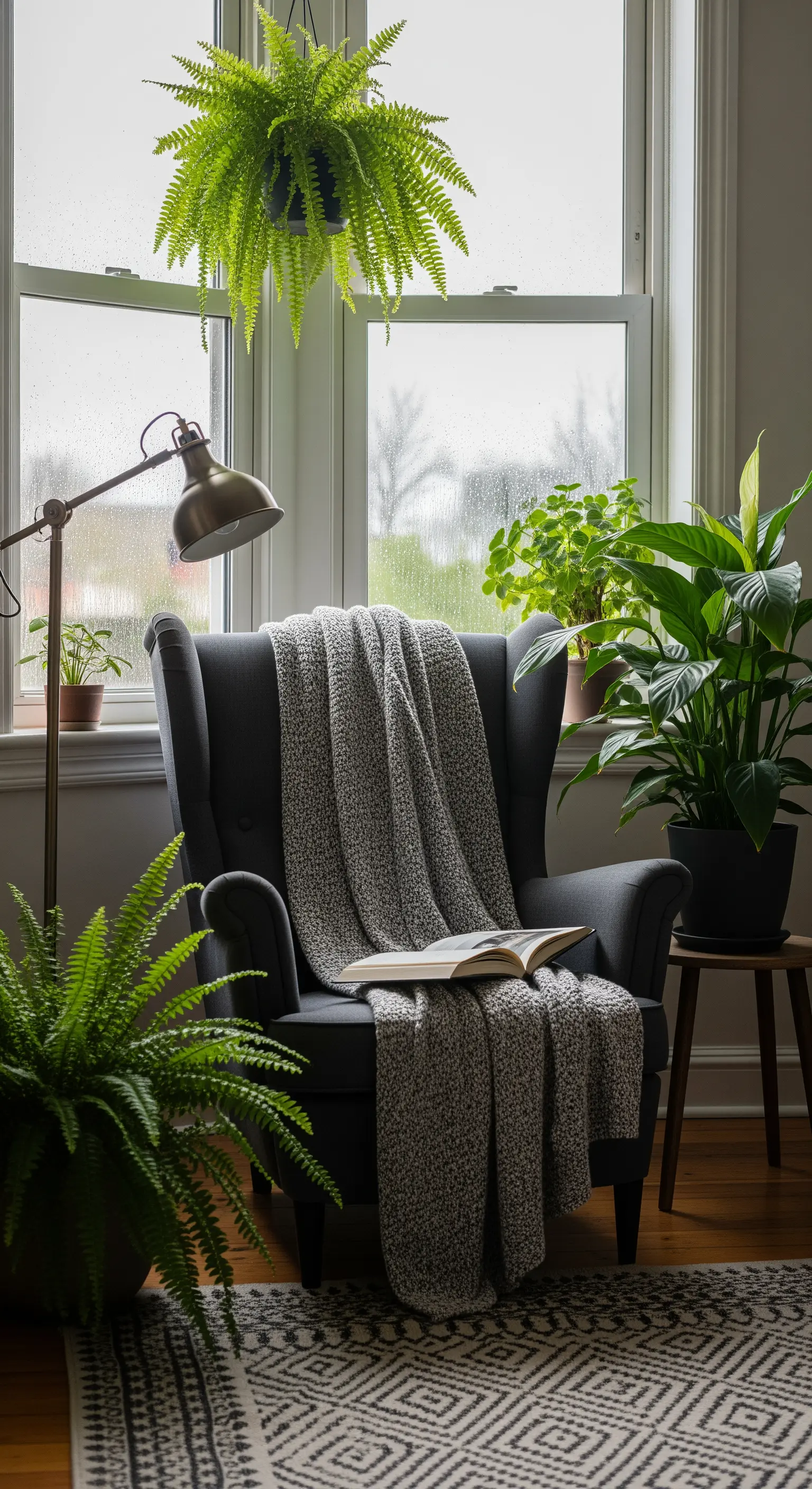 Poltrona grigia con coperta vicino a una finestra in un giorno di pioggia, circondata da felci.