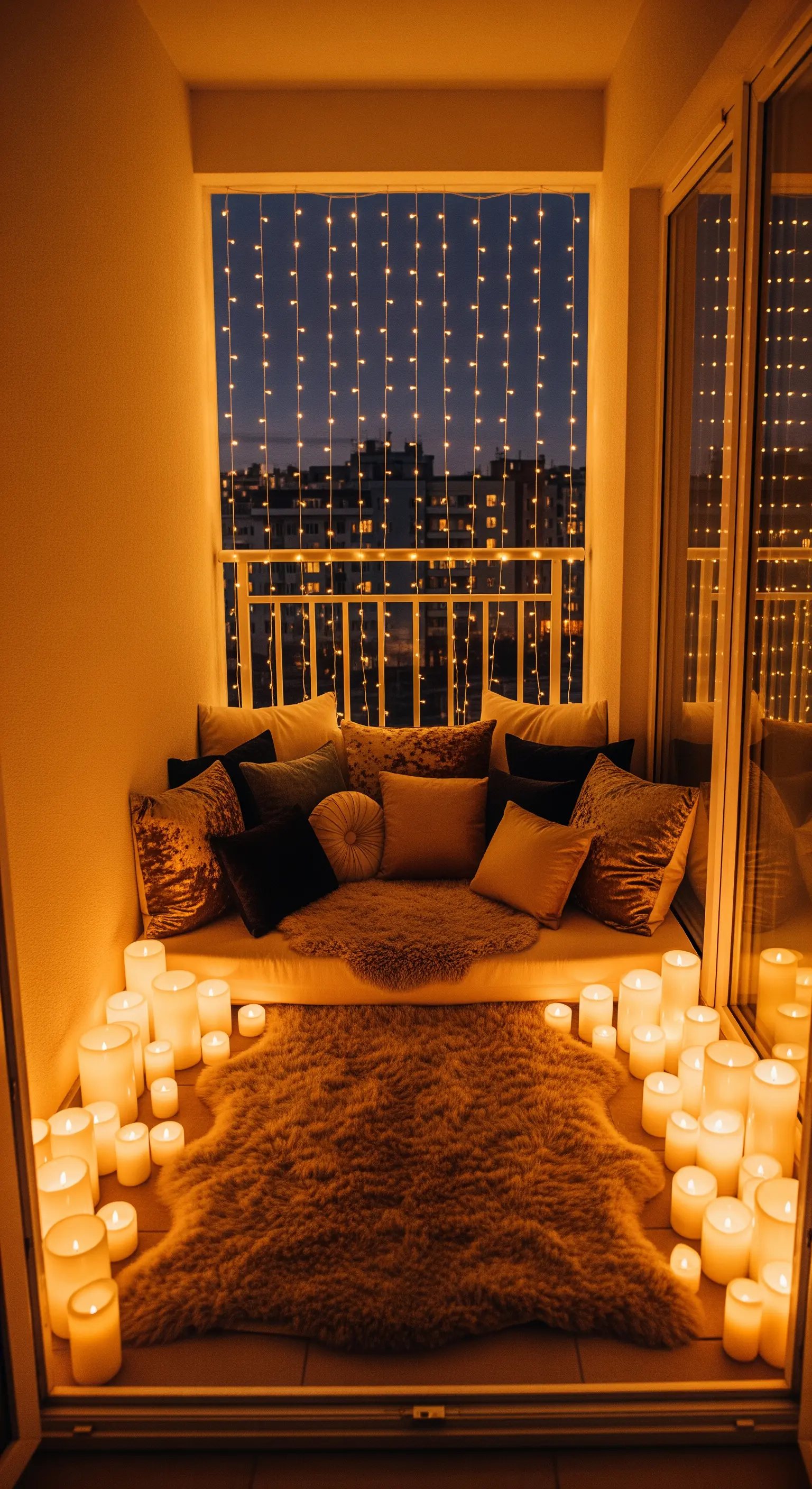 Balcone trasformato in un nido accogliente con materasso, cuscini e decine di candele.