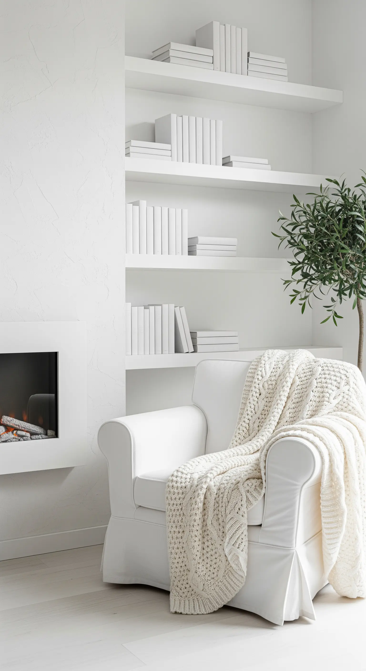 Angolo lettura total white con poltrona bianca, mensole e plaid in lana intrecciata.