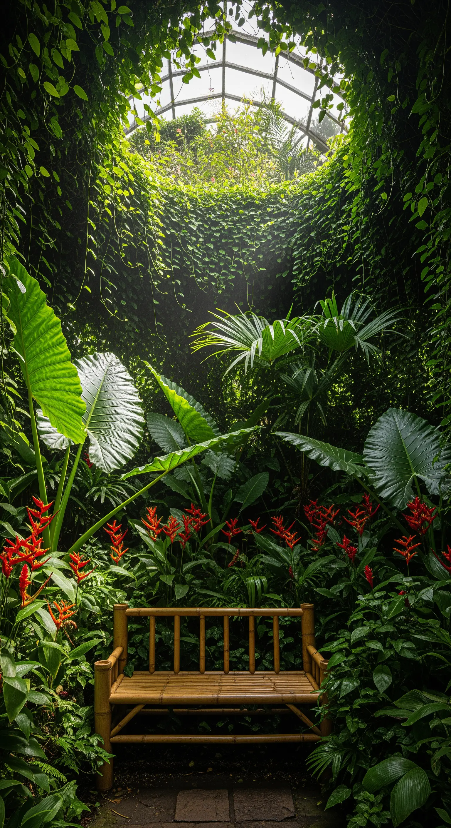 Panchina in bambù in una serra tropicale lussureggiante, circondata da piante a foglia larga.