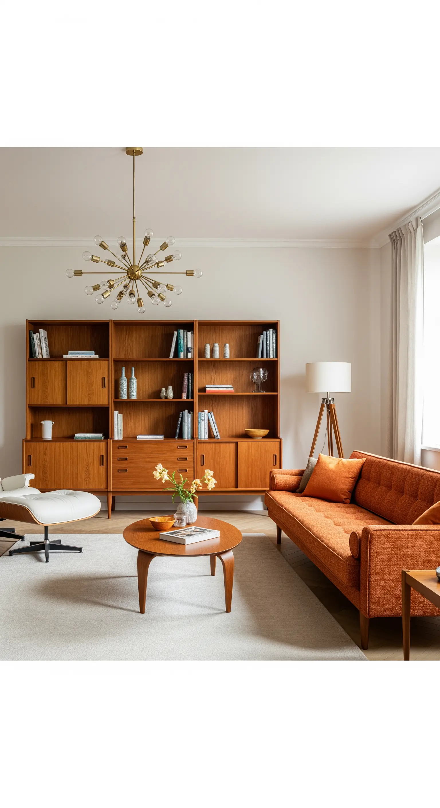 Salotto Mid-Century con libreria in teak e divano arancione testurizzato.