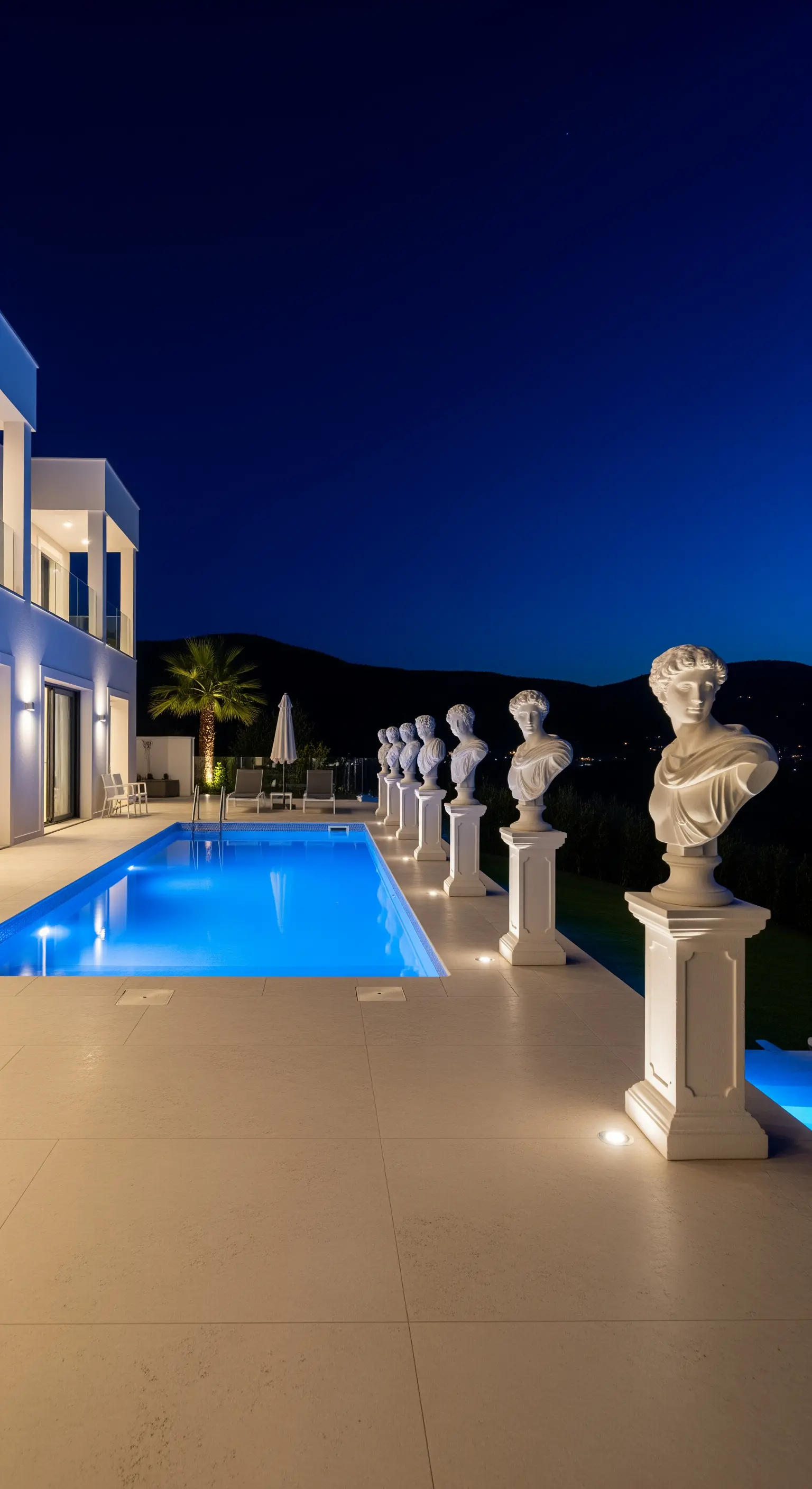 Bordo piscina con una fila di busti classici bianchi, ciascuno illuminato da un faretto.