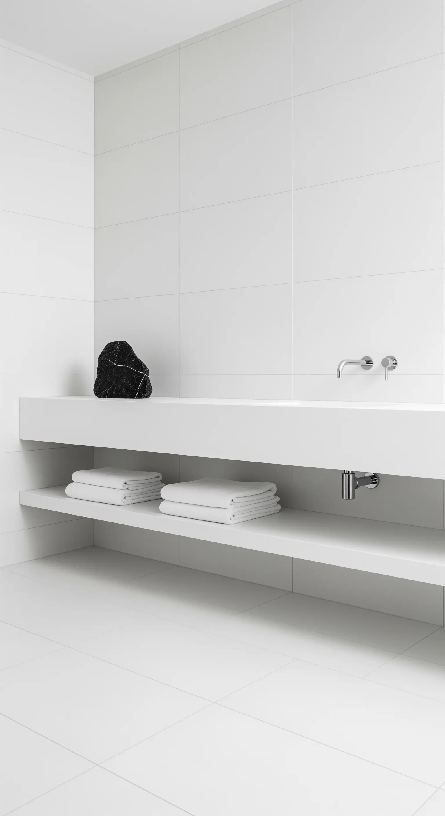 Lungo ripiano bianco sospeso sotto un lavabo integrato, con asciugamani bianchi e una pietra nera.