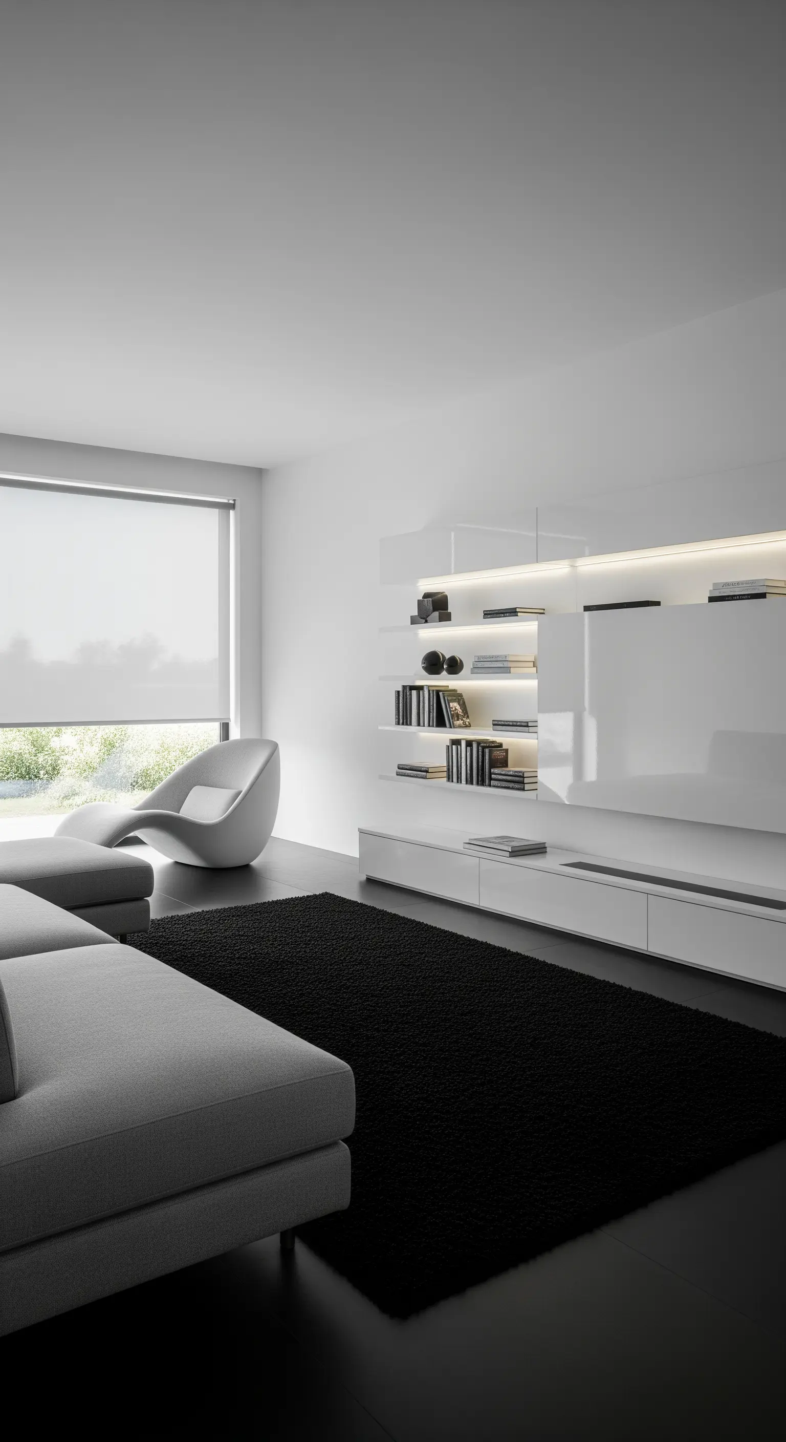 Soggiorno moderno in bianco e nero con mobile TV laccato bianco e tappeto nero a pelo lungo.