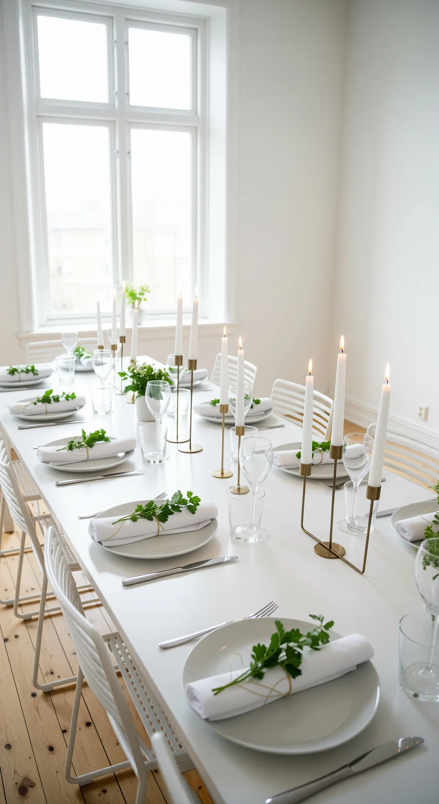 Tavola minimalista bianca in stile scandinavo, con candelabri dorati e un rametto di verde sul piatto.