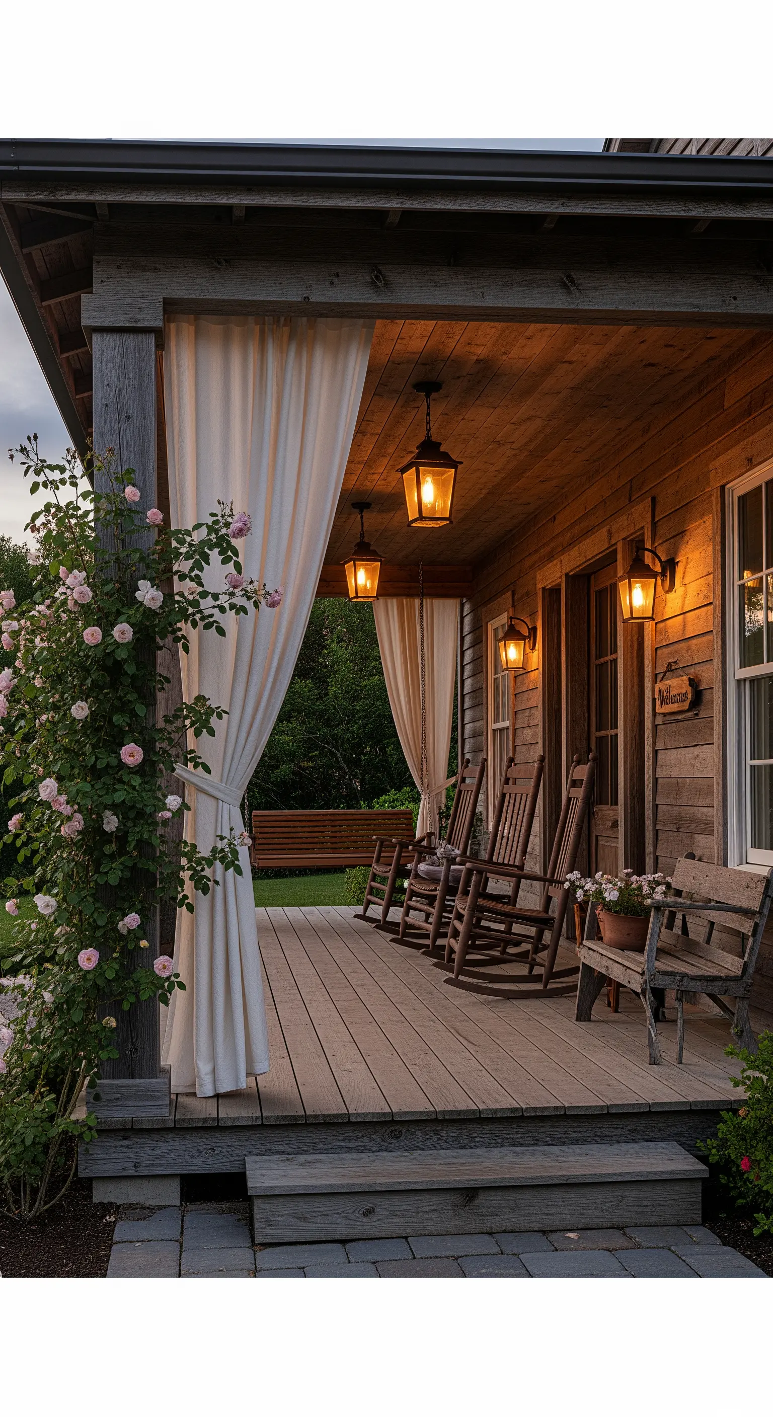 Portico in legno con sedie a dondolo, lanterne calde e tende color crema.