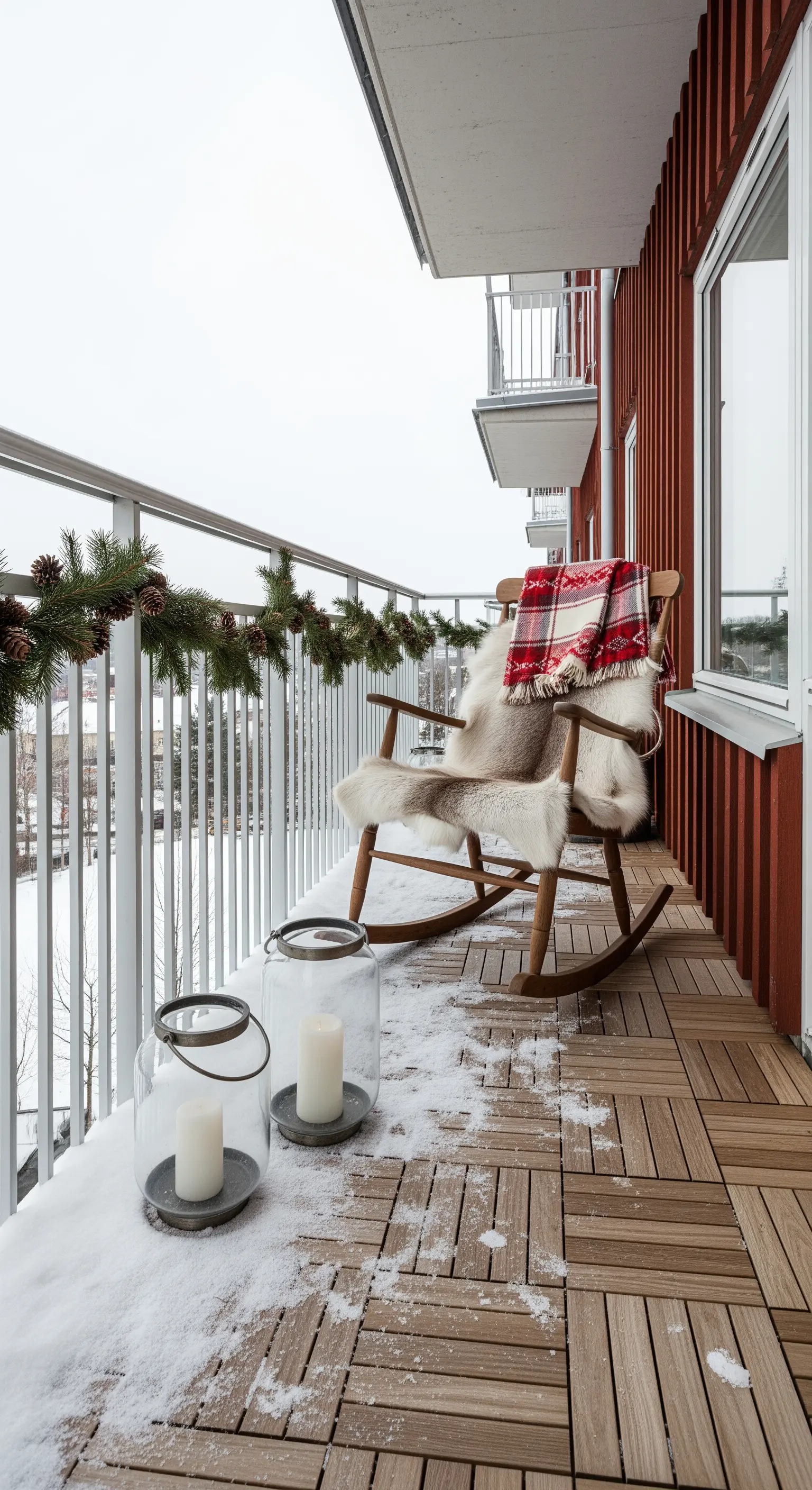 Sedia a dondolo su balcone innevato, con pelle di pecora, plaid tartan e lanterne.
