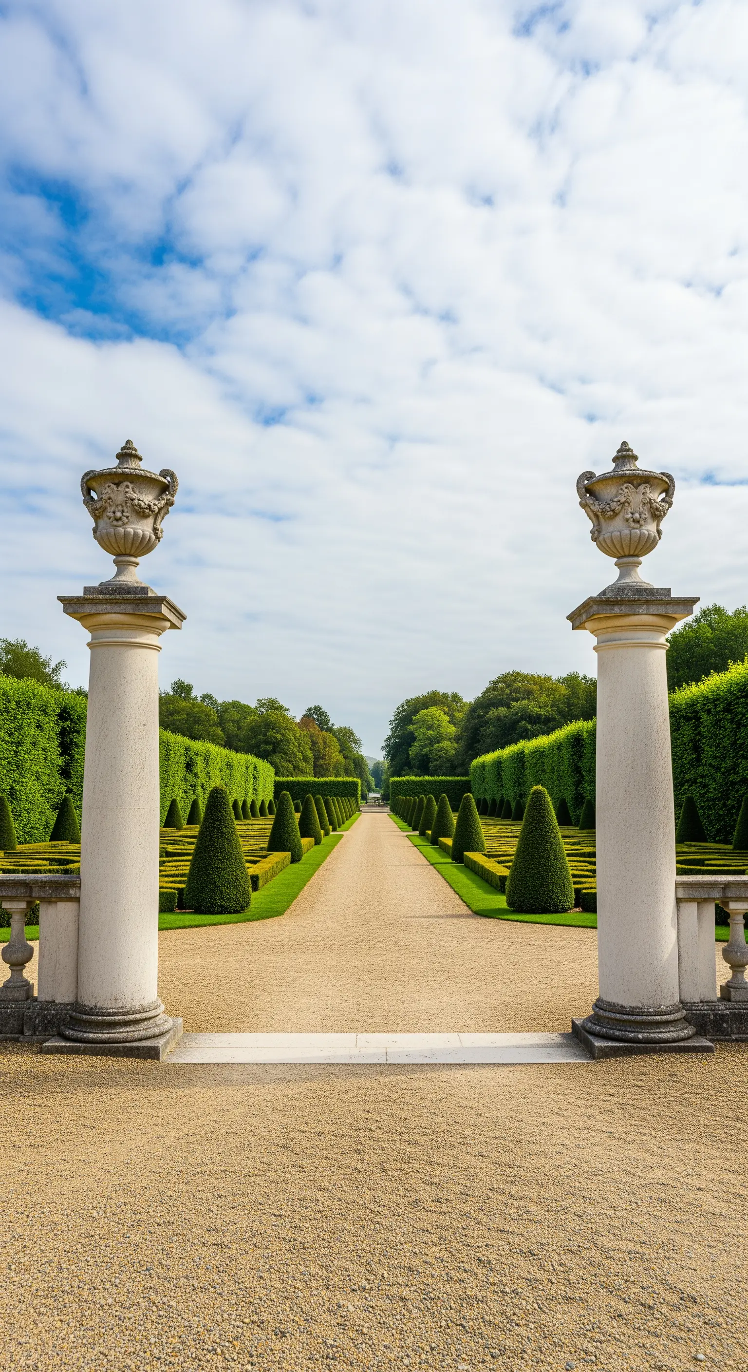 Lungo viale di ghiaia che si apre tra due colonne in pietra, fiancheggiato da siepi e alberi conici
