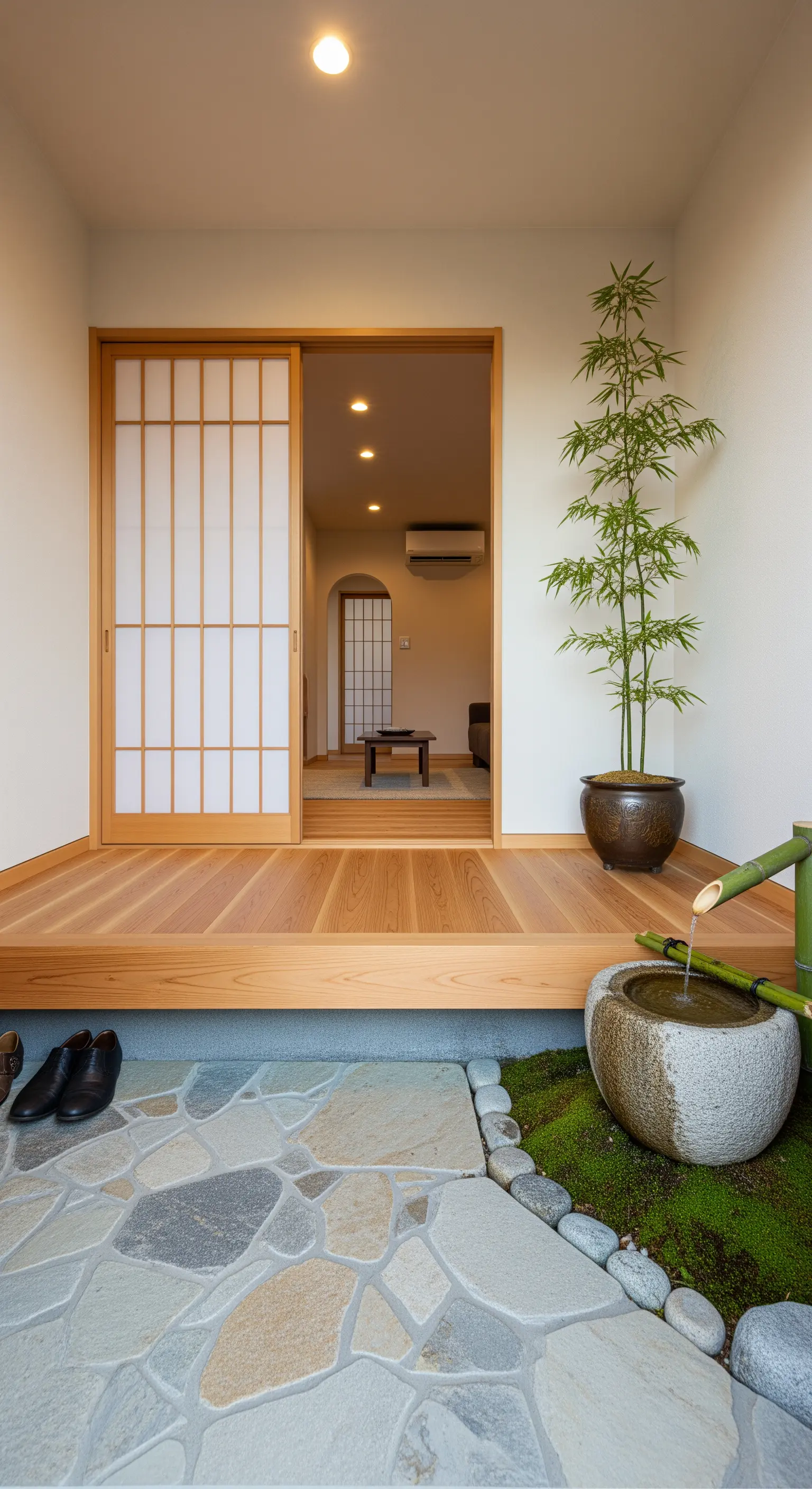 Ingresso in stile giapponese con gradino in legno, pavimento in pietra e una piccola fontana.