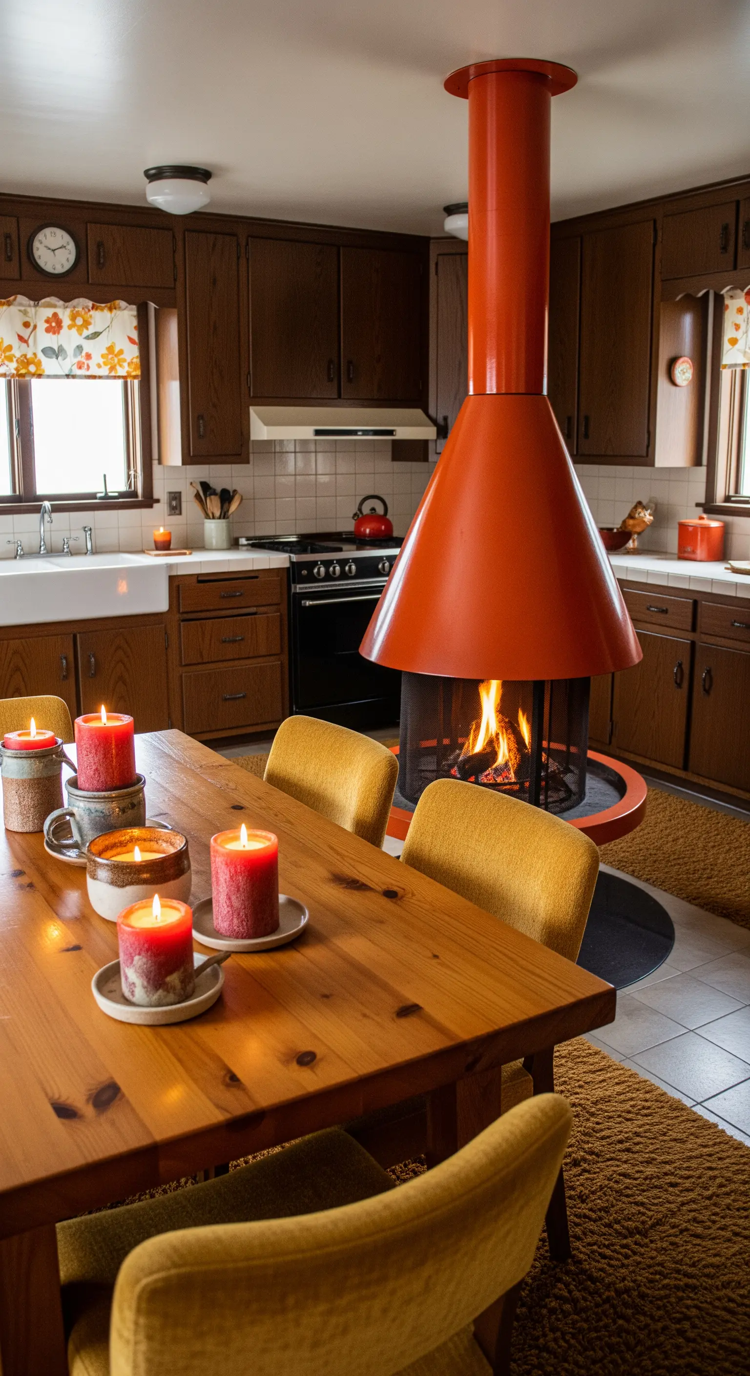 Cucina in stile anni '70 con camino freestanding arancione, mobili in legno scuro e sedie senape.