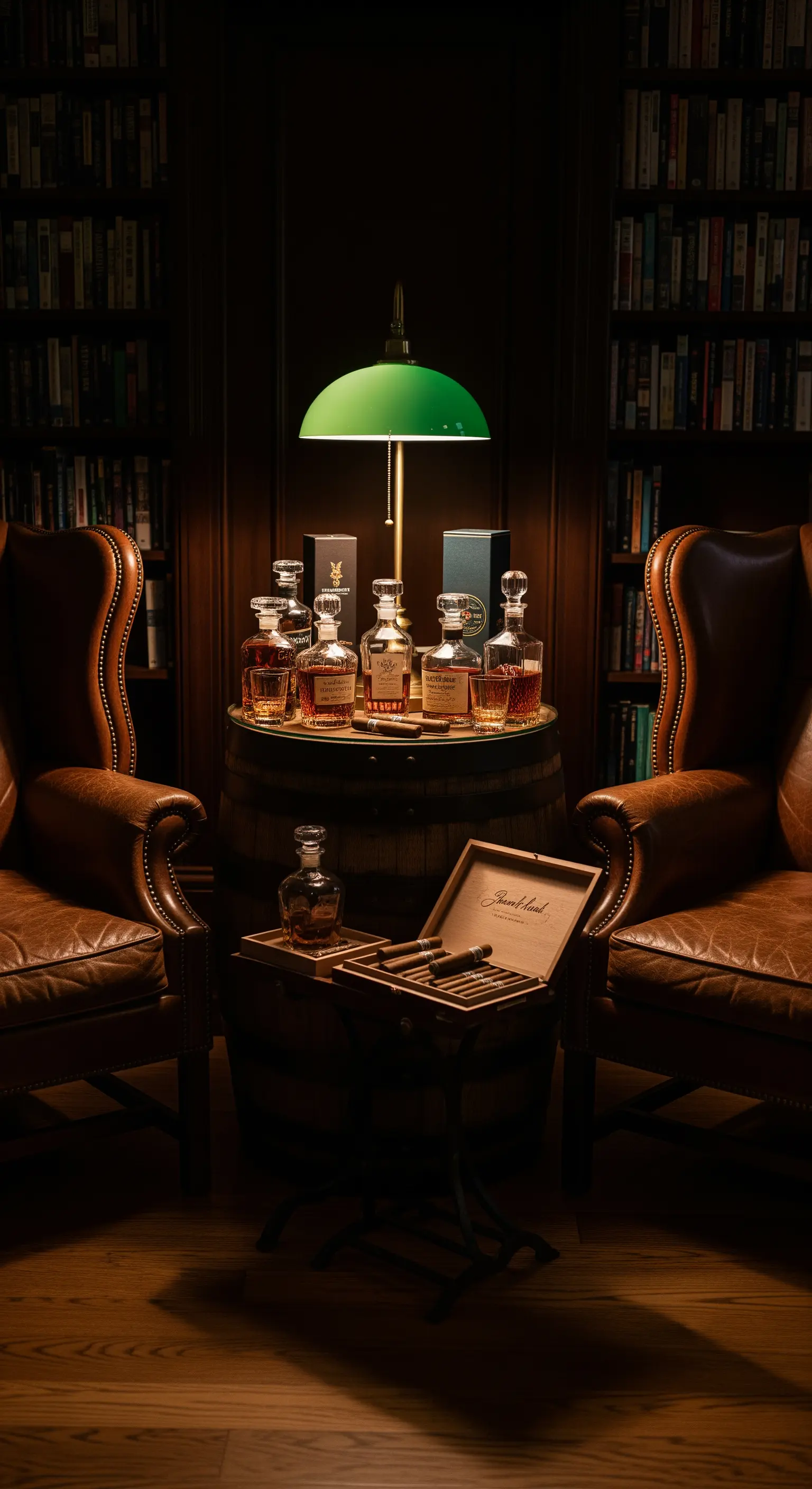 Angolo degustazione con bottiglia di whiskey su una botte, poltrone in pelle e sigari.