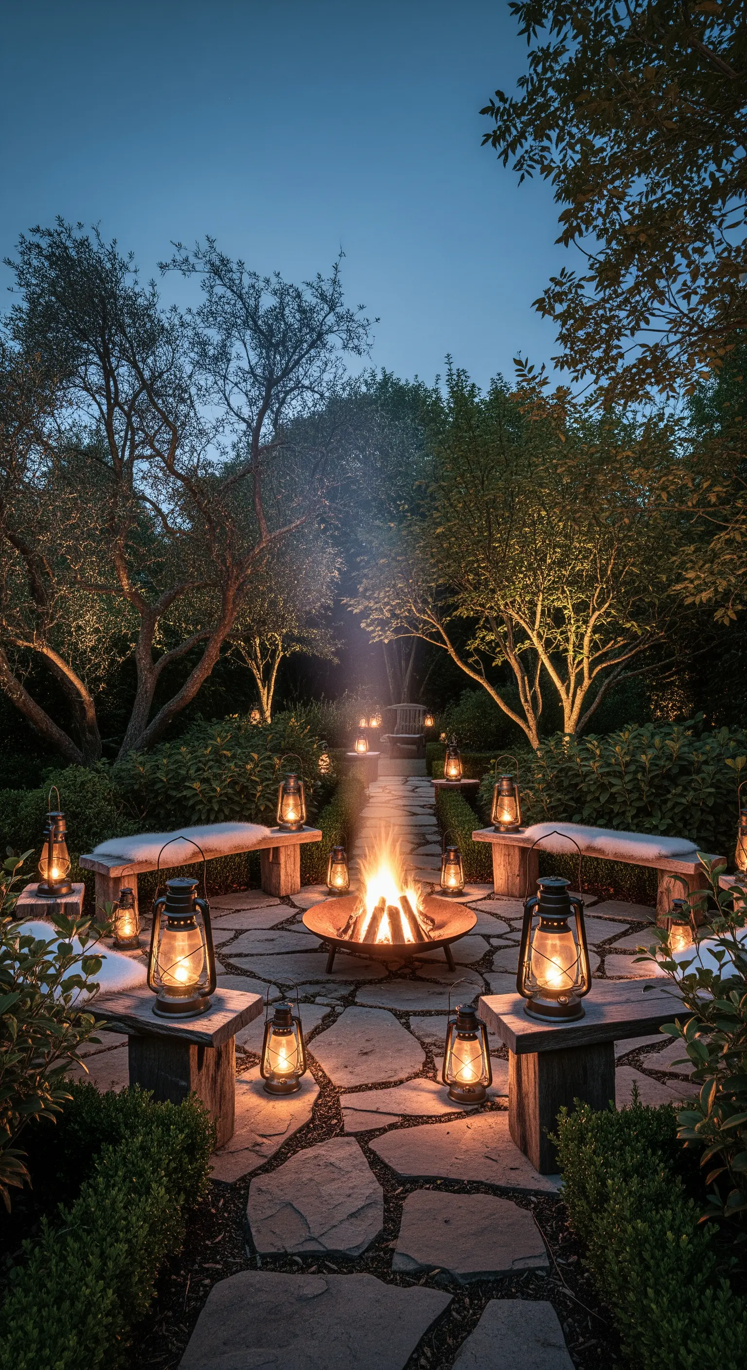 Cerchio di panche in pietra attorno a un braciere acceso, illuminato da lanterne da campeggio.